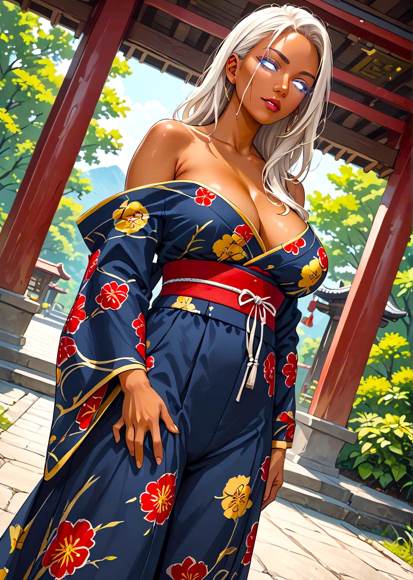 ai_generated bare_shoulders beautiful beautiful_females blue_kimono busty_female comic curvy dark-skinned_female dark_skin female female_only floral_print floral_print_kimono garden glowing glowing_eyes happy_valentine heroine isaris-ai japanese_architecture kimono large_breasts leaves lipstick marvel marvel_comics obi off_shoulder_kimono outdoors seductive seductive_look sexy stable_diffusion storm_(x-men) super_powers superheroine torri trees valentine's_day voluptuous voluptuous_female white_hair x-men