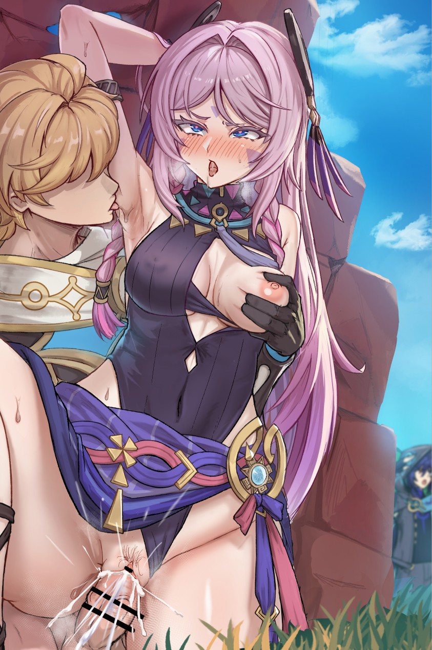 aether_(genshin_impact) armpits blonde_hair blue_eyes breasts citlali_(genshin_impact) fuhikari genshin_impact grabbing_breasts hiding licking_armpit long_hair pastel_hair pussy pussy_hair tagme tits vagina vaginal