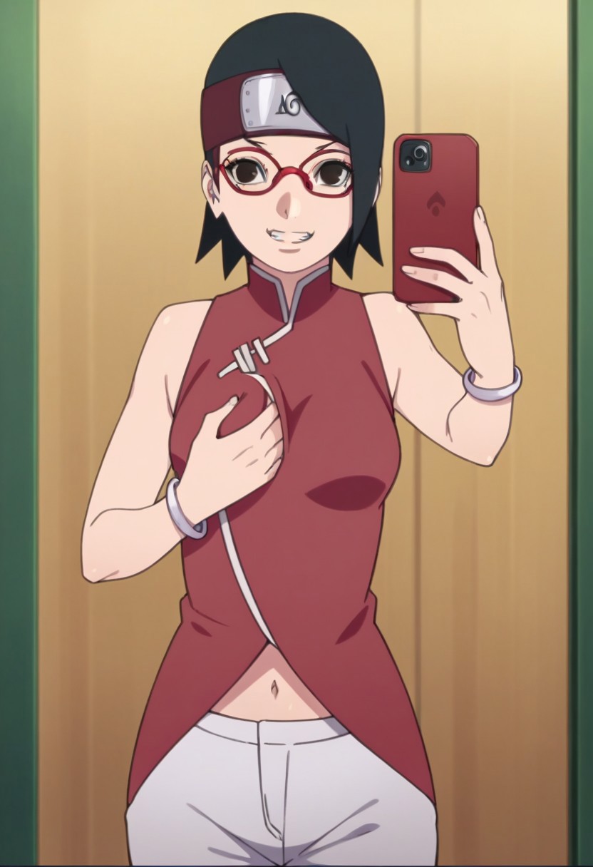 aged_up ai_generated ass bigmic145 black_hair boruto:_naruto_next_generations breasts dress female female_only glasses groping_breasts medium_breasts naruto naruto_(series) navel pants sakura_haruno sakura_haruno_(cosplay) sarada_uchiha selfie trying_on_clothes