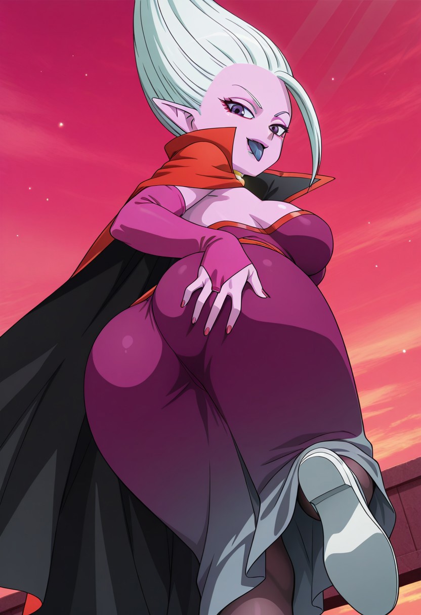 1girls ai_generated ass ass_focus ass_grab big_breasts blue_tongue breasts cute_face dr._arinsu dragon_ball dragon_ball_daima dragon_ball_super dragon_ball_z large_breasts lipstick looking_at_viewer nail_polish outside pantyhose purple_eyes purple_skin seductive_smile sexy sexy_pose smile tongue tongue_out white_boots white_hair