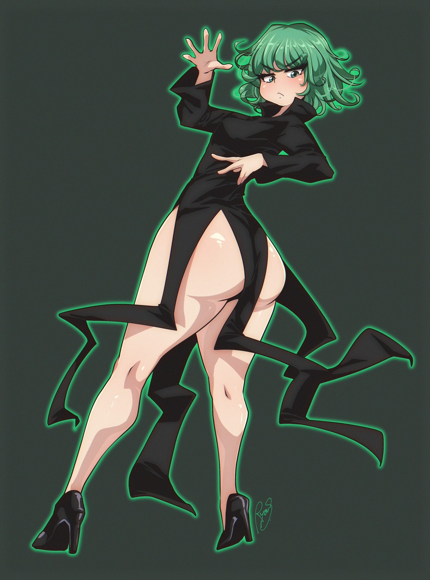 1girls, ass, dress, female, female focus, female only, green eyes, green hair, high heels, large ass, light skin, light-skinned female, looking at viewer, looking back, one-punch man, ryousakai, solo, tatsumaki, thighs