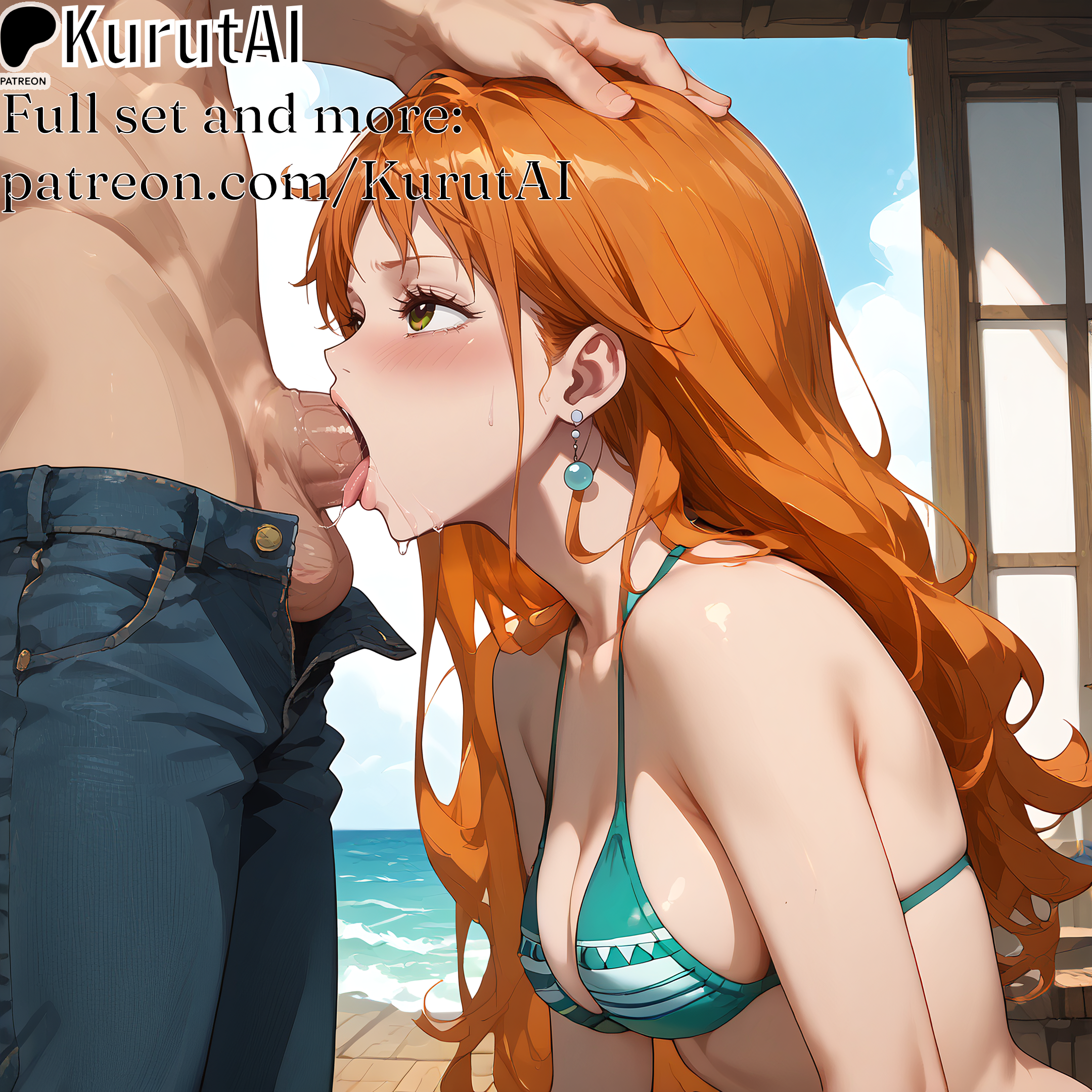 1boy, 1girls, ai generated, aqua bikini, artist name, artist signature, beach, bikini, bikini top, blush, breasts, cleavage, clothing, deepthroat, earrings, fellatio, female, from side, hand on another's head, hi res, high resolution, highres, jewelry, kurutai, long hair, male, medium breasts, nami (one piece), one piece, oral, orange hair, patreon, penis, saliva, solo focus, straight, swimsuit, uncensored