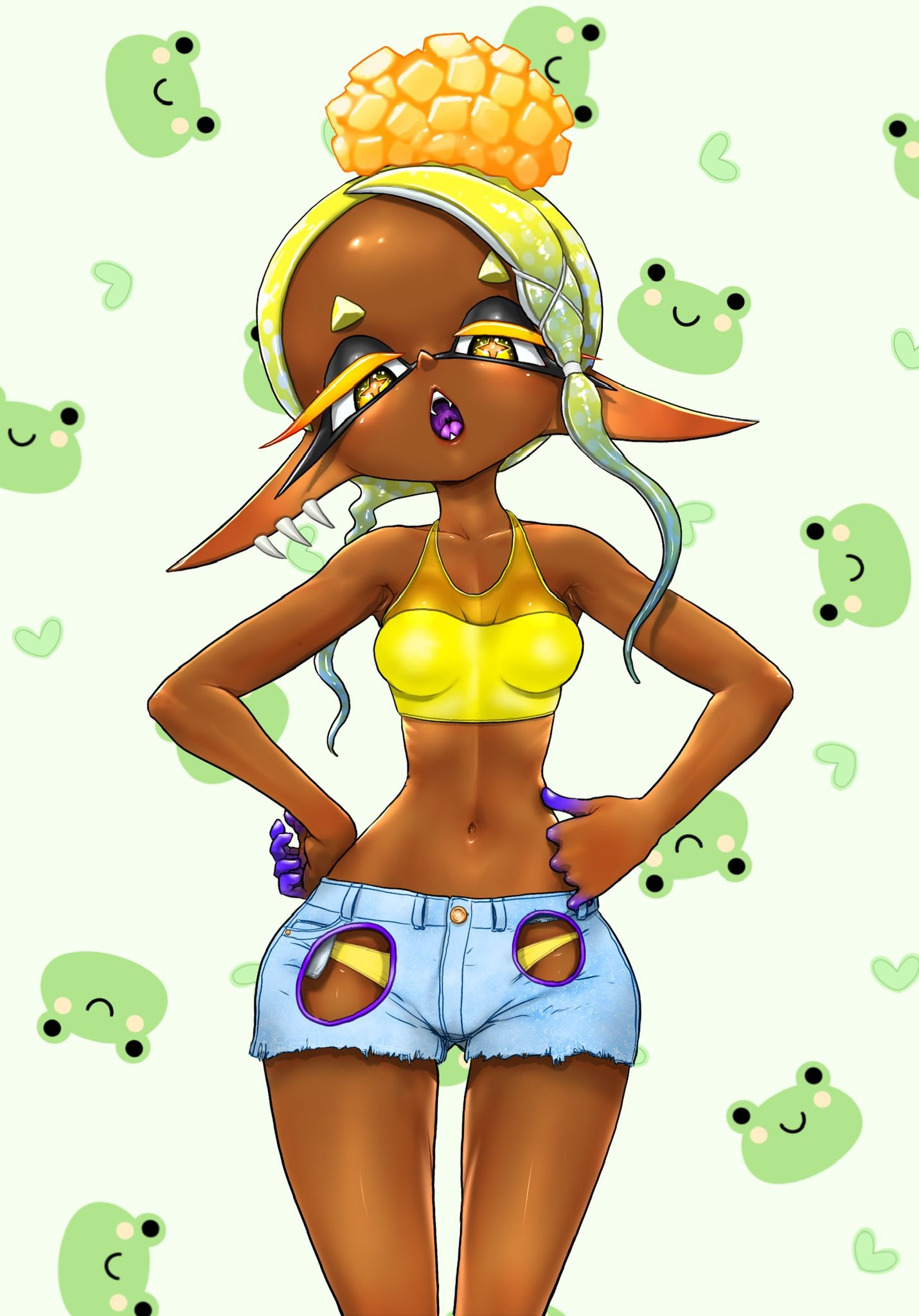 booty_shorts crop_top dark-skinned_female dark_skin frye_(splatoon) frye_onaga inkling inkling_girl koharuno2 panties splatoon splatoon_(series) splatoon_3 tagme tentacle_hair