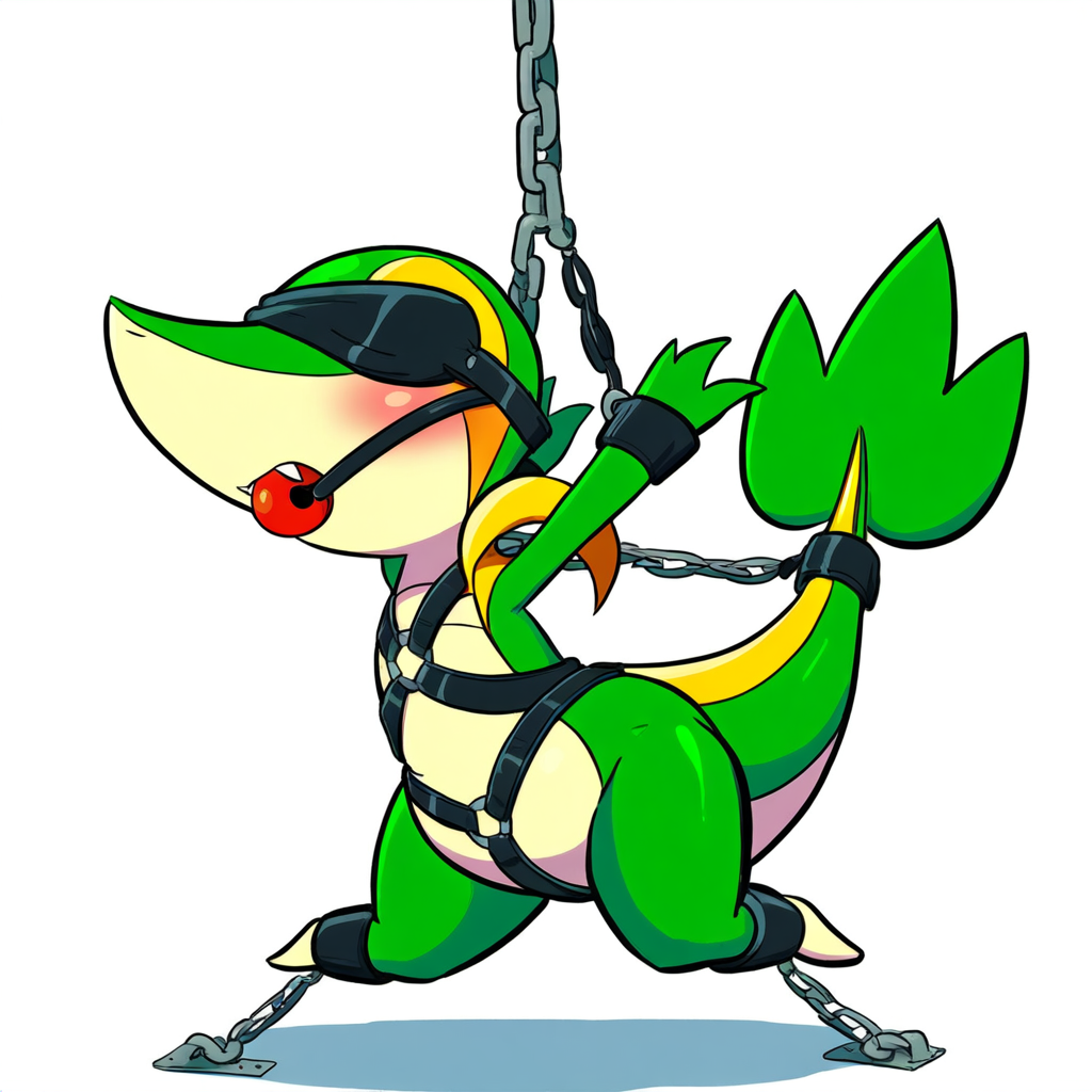 1:1 ai_generated ball_gag blindfold blush bondage bondage bound chains cuff_(restraint) feral gag gagged generation_5_pokemon green_body hellsonger hi_res male nintendo pokemon pokemon_(species) reptile restraints scalie shackles simple_background snivy solo submissive white_background