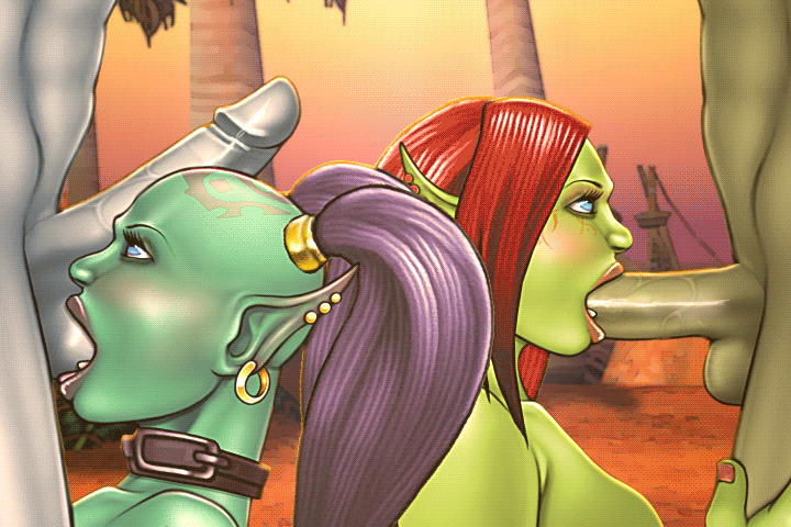 2boys, 2girls, animated, balls, balls sucking, black hair, brown hair, faceless male, fellatio, female, green skin, male, male/female, oral, orc, orc female, orc male, penis, red hair, rexxcraft, sex, straight, warcraft, world of warcraft