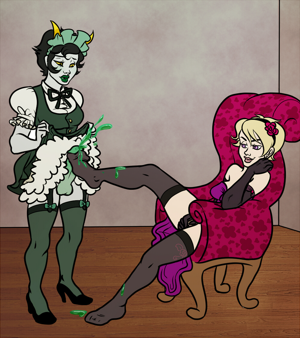 1futa 1girls black_hair blonde_hair blush breasts chair clothes cum cum_drip cum_on_feet cum_shot cumdrip cumshot dress footjob futa_on_female futanari gloves green_lipstick grey_skin headwear heels homestuck horns intersex kanaya_maryam maid married married_couple master ms_paint_adventures open_mouth pink_eyes rose_lalonde sharona shoes short_hair slave stockings tights troll white_skin wife_and_wife yellow_eyes