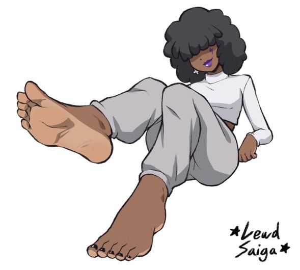 afro artist_name barefoot black_toenail_polish character_request countershade_feet dark-skinned_female feet female_focus foot_fetish foot_focus foot_worship hair_covering_eyes highlighted_soles lewdsaiga presenting_foot purple_lipstick showing_feet soles toes two_tone_feet white_background