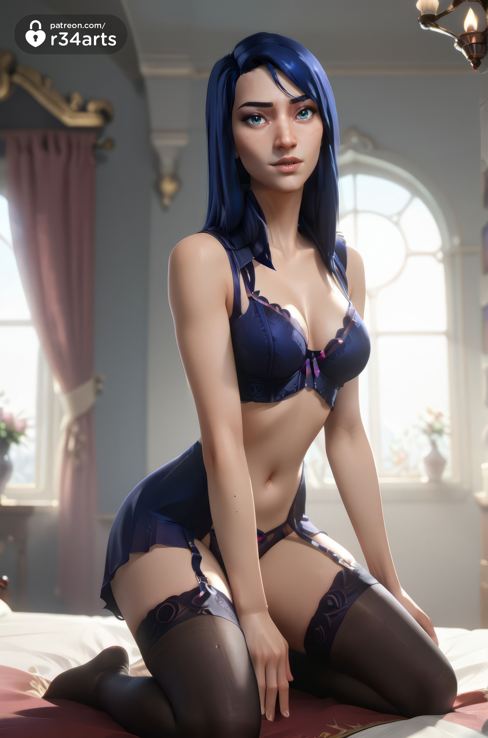 1girls, ai generated, arcane, arcane caitlyn, artist name, bed, black panties, black thighhighs, blue eyes, blue hair, blurry, blurry background, bra, breasts, caitlyn kiramman, cleavage, collarbone, female, female only, garter belt, garter straps, hi res, indoors, kneeling, league of legends, light skin, light-skinned female, lingerie, lips, long hair, looking at viewer, medium breasts, navel, netflix, no shoes, nose, panties, parted lips, r34arts, realistic, riot games, solo, thighhighs, underwear, window