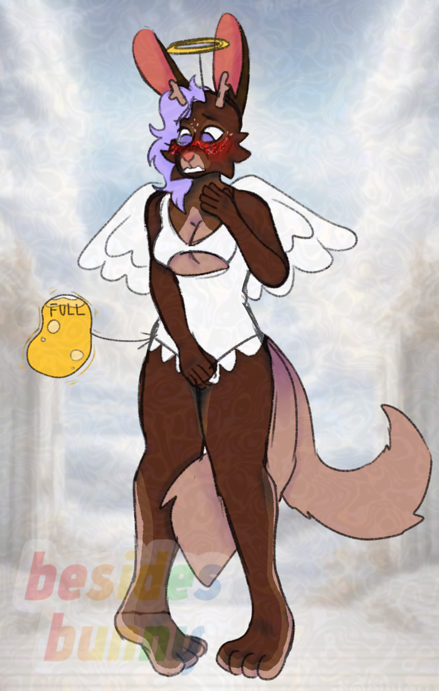 2_tails anthro antlers besidesbunny biped bladder blush bodily_fluids breasts brown_body brown_fur canid canine canis cleavage clothed clothing costume desperation digital_drawing_(artwork) digital_media_(artwork) embarrassed english_text feathered_wings feathers female fluffy fluffy_tail full_bladder fur genital_fluids hair hi_res holding_crotch holding_in_urine horn hybrid imminent_peeing knees_together_feet_apart lagomorph leporid mammal multi_tail neil_(besidesbunny) nonbinary_(lore) omorashi open_mouth organs peeing peeing_self purple_hair rabbit shy simple_background sky solo solo_focus standing submissive tail text topwear trans_(lore) trans_man_(lore) urine watersports wings wolf