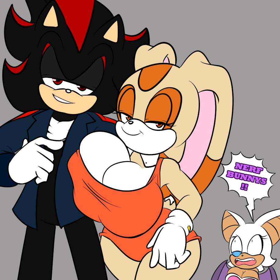 2girls aged_up anthro big_breasts breasts cleavage clothed clothing cream_the_rabbit eulipotyphlan female group hedgehog huge_breasts jacket lagomorph leporid male male/female mammal no_bra rabbit revealing_clothes rouge_the_bat sega shadow_the_hedgehog sideass smile smirk sonic_(series) sonic_the_hedgehog_(series) soulyagami64 speech_bubble teasing tight_clothing trio