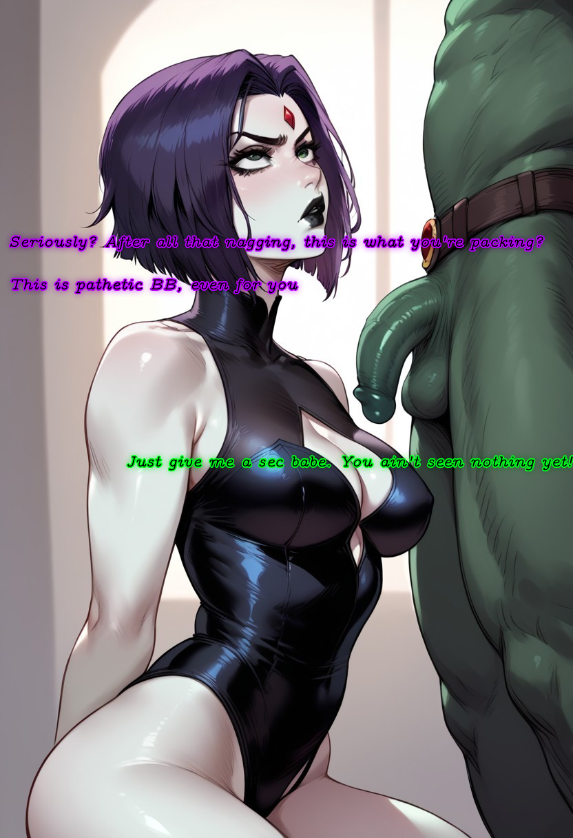 1boy 1girls 2d ai_generated ai_sensuality annoyed annoyed_expression beast_boy belt black_lipstick caption cleavage comic dc dc_comics dialogue forehead_jewel goth goth_girl green-skinned_male grey_skin leotard limp limp_penis looking_up multiversus on_knees pale-skinned_female pale_skin purple_hair raven_(dc) raven_(multiversus) reluctant short_hair slender_waist small_penis teen_titans thick_thighs unenthusiastic