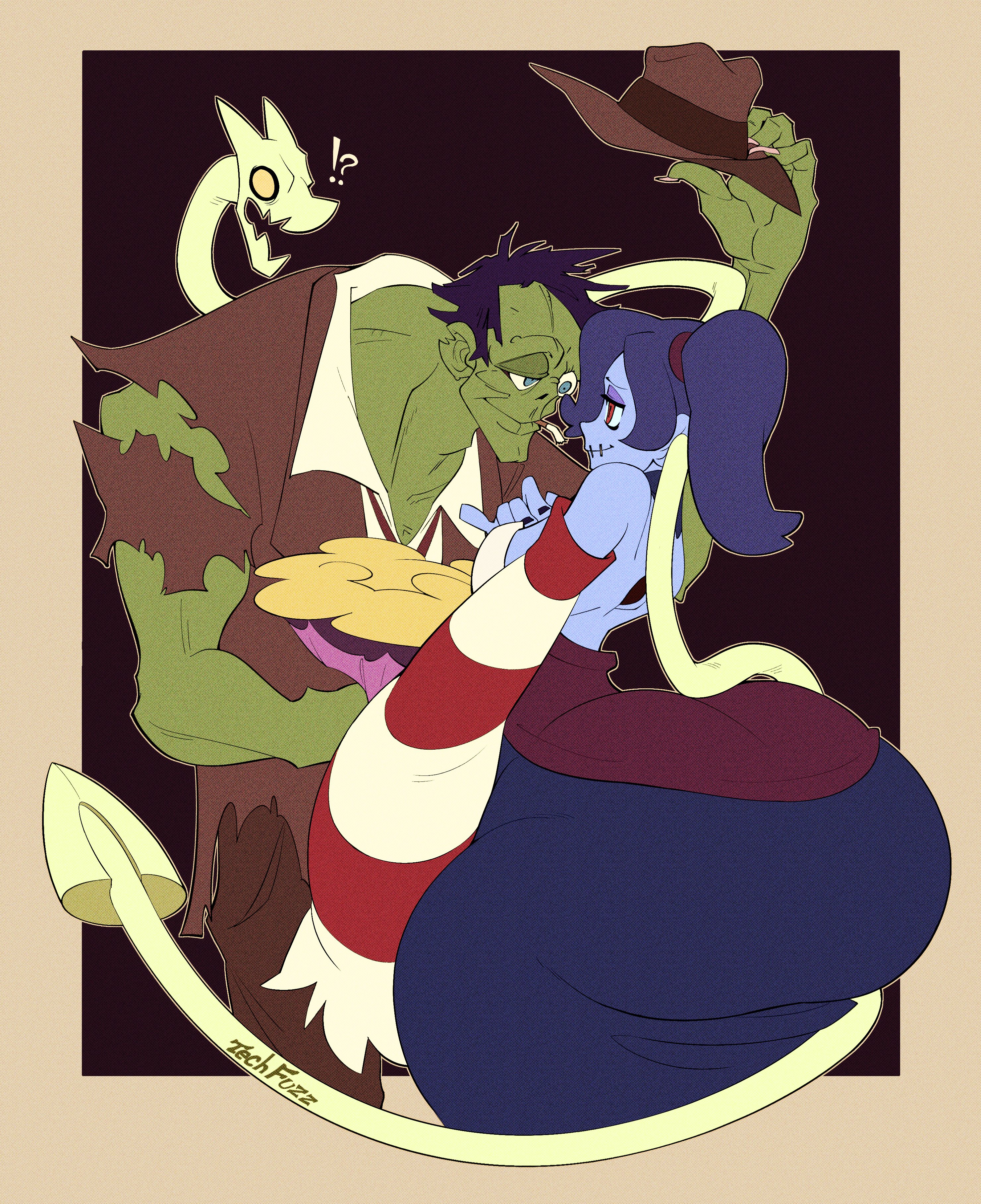 1boy, 1girls, ass, big ass, bottom heavy, breasts, clothing, female, huge ass, hyper, hyper ass, leviathan (skullgirls), male, romantic, skullgirls, squigly, stubbs the zombie (character), stubbs the zombie (game), tagme, tecfuzz, thick thighs, valentine's day