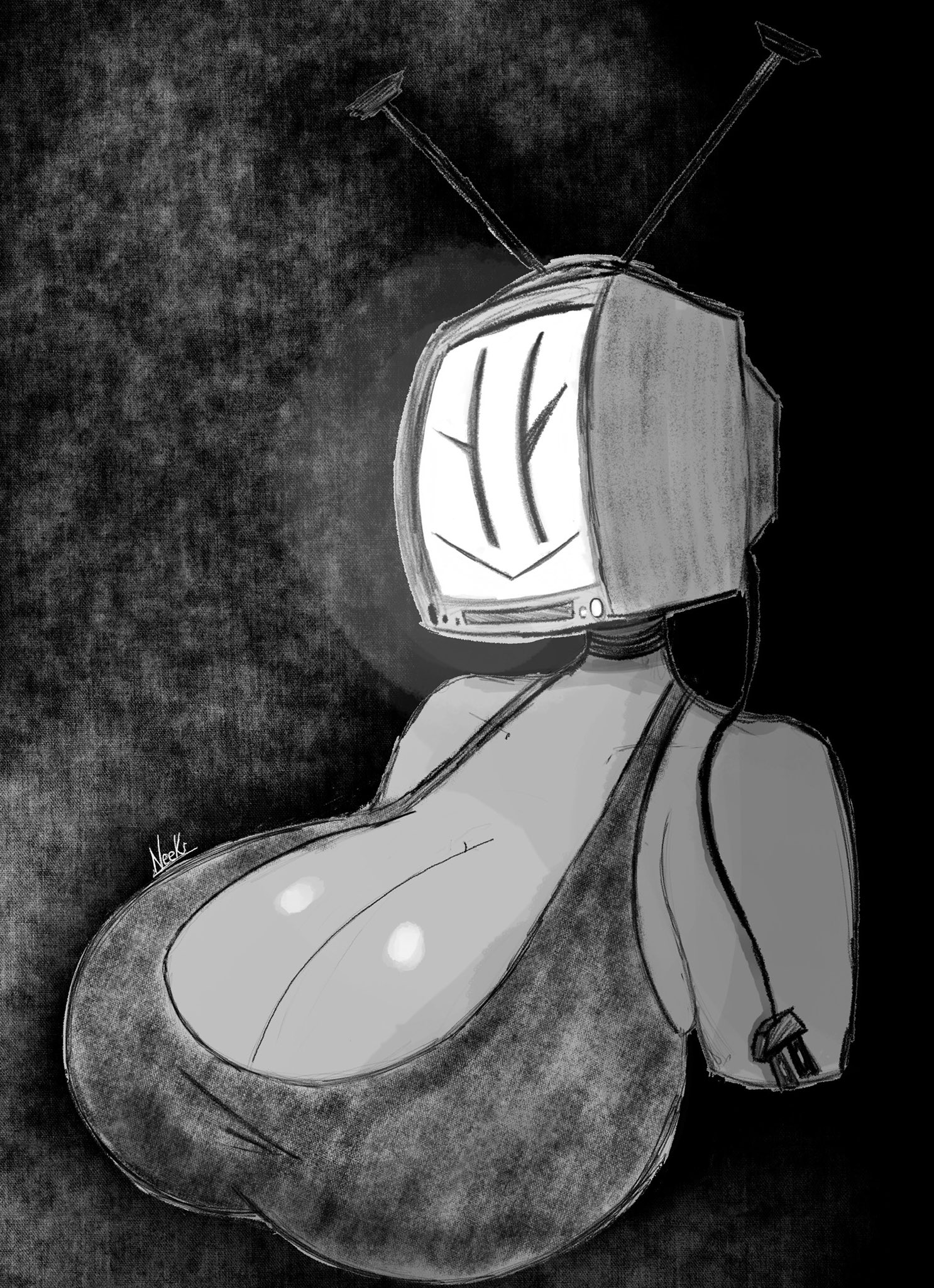 big breasts, black and white, boobs bigger than head, breasts, breasts bigger than head, breasts focus, cleavage, cleavage focus, female, female focus, female only, huge boobs, huge breasts, large boobs, large breasts, solo, solo female, solo focus, tabitha (ultraneeks), tagme, tv, tv head, tv woman, ultraneeks