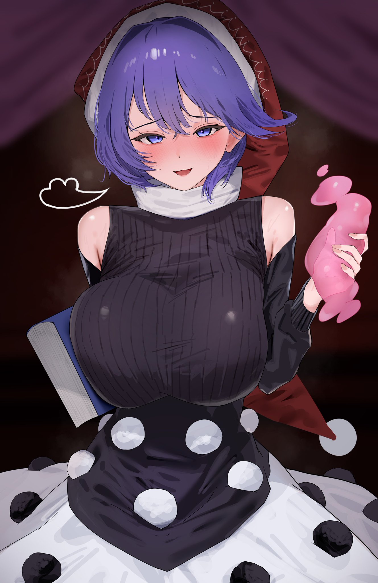 1girls 258n big_breasts blue_eyes blue_hair breasts clothed_female doremy_sweet long_hat santa_hat solo solo_female touhou