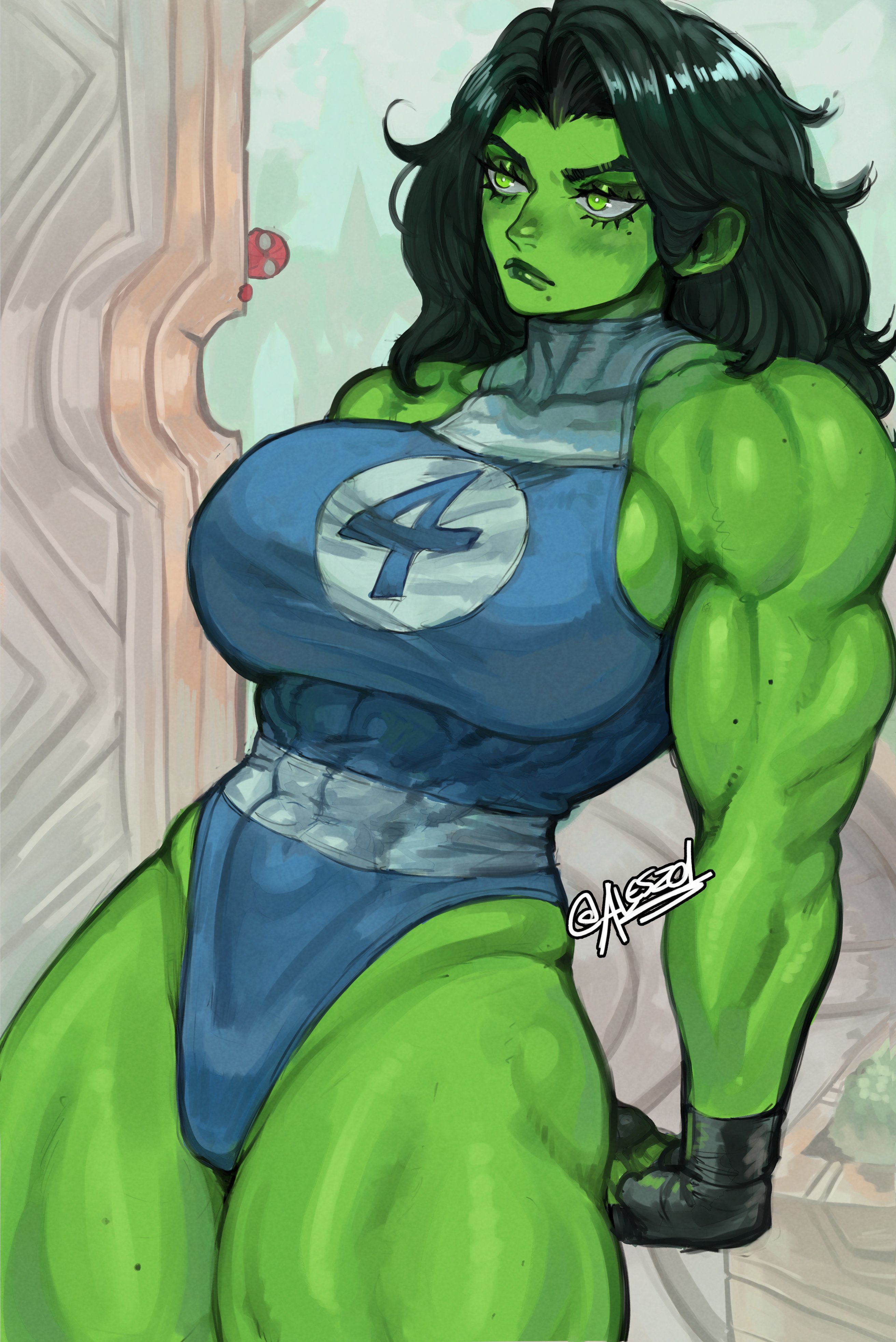 1boy, abs, absurdres, al3s, alesz01, black hair, breasts, cleavage, colored skin, fantastic four, female, green eyes, green hair, green skin, highres, large breasts, leotard, long hair, male, marvel, marvel comics, marvel rivals, muscular, muscular female, she-hulk, she-hulk (fantastic four), spider-man, spider-man (series), thick thighs, thighs