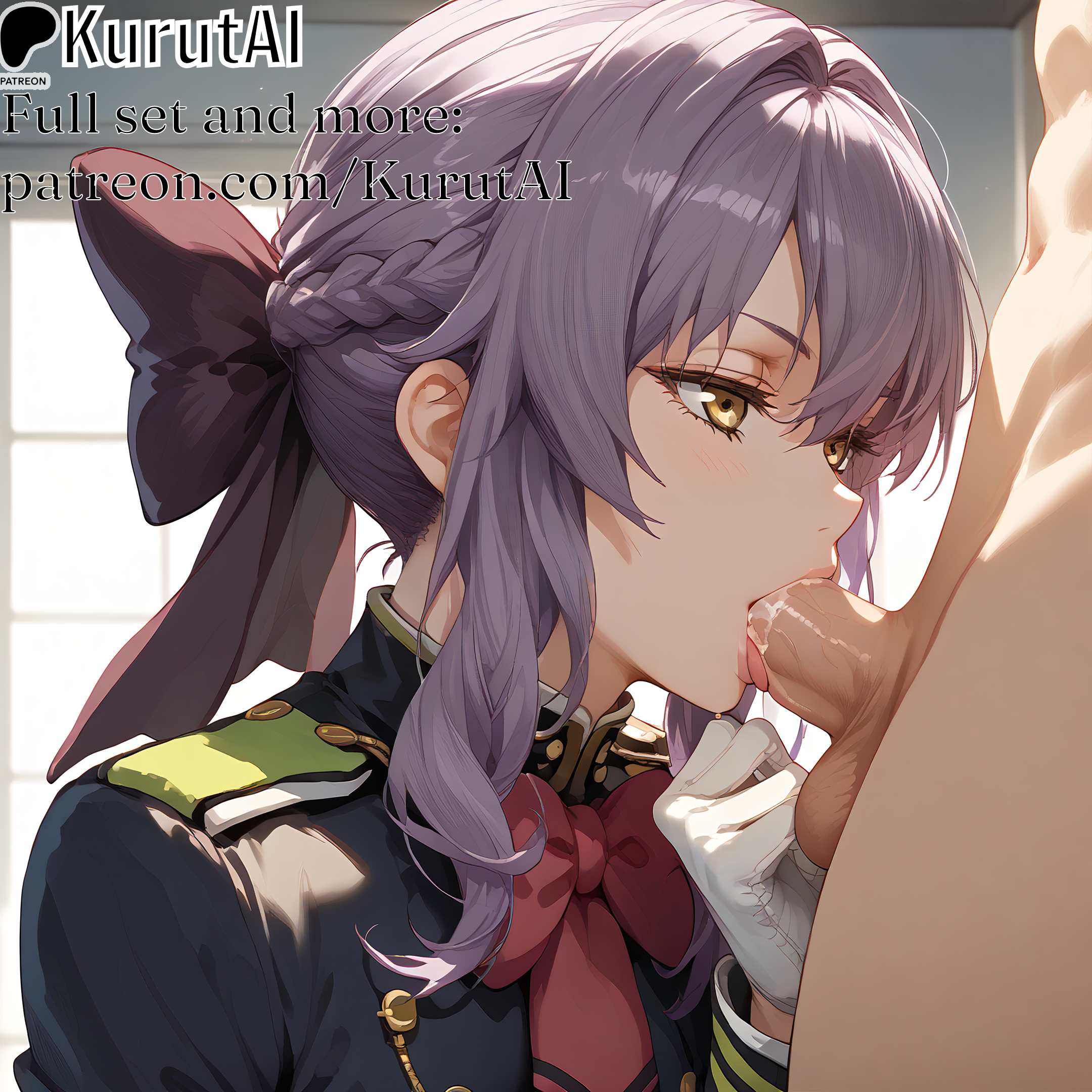 1boy, 1girls, ai generated, artist name, artist signature, balls, bangs, blush, bow, braid, fellatio, female, gloves, hi res, high resolution, highres, hiiragi shinoa, kurutai, long hair, male, oral, owari no seraph, patreon, penis, purple hair, seraph of the end, shinoa hiiragi, sidelocks, solo focus, straight, testicles, uncensored