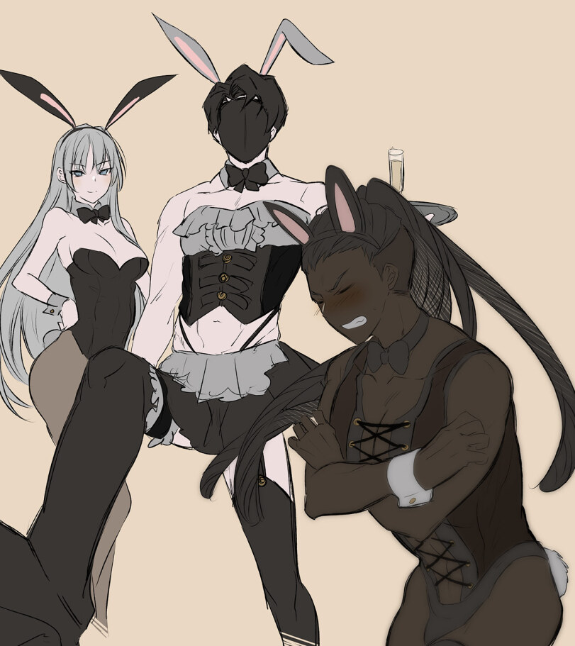 1girls, 2boys, 2d, angelica (library of ruina), black body, black silence (library of ruina), breasts, buff, bunny ears, bunnysuit, covering breasts, crossdressing, crossed arms, embarrassed male, female, library of ruina, male, masked male, muscular, muscular male, olivier (library of ruina), project moon, roland (library of ruina), simple background, stockings