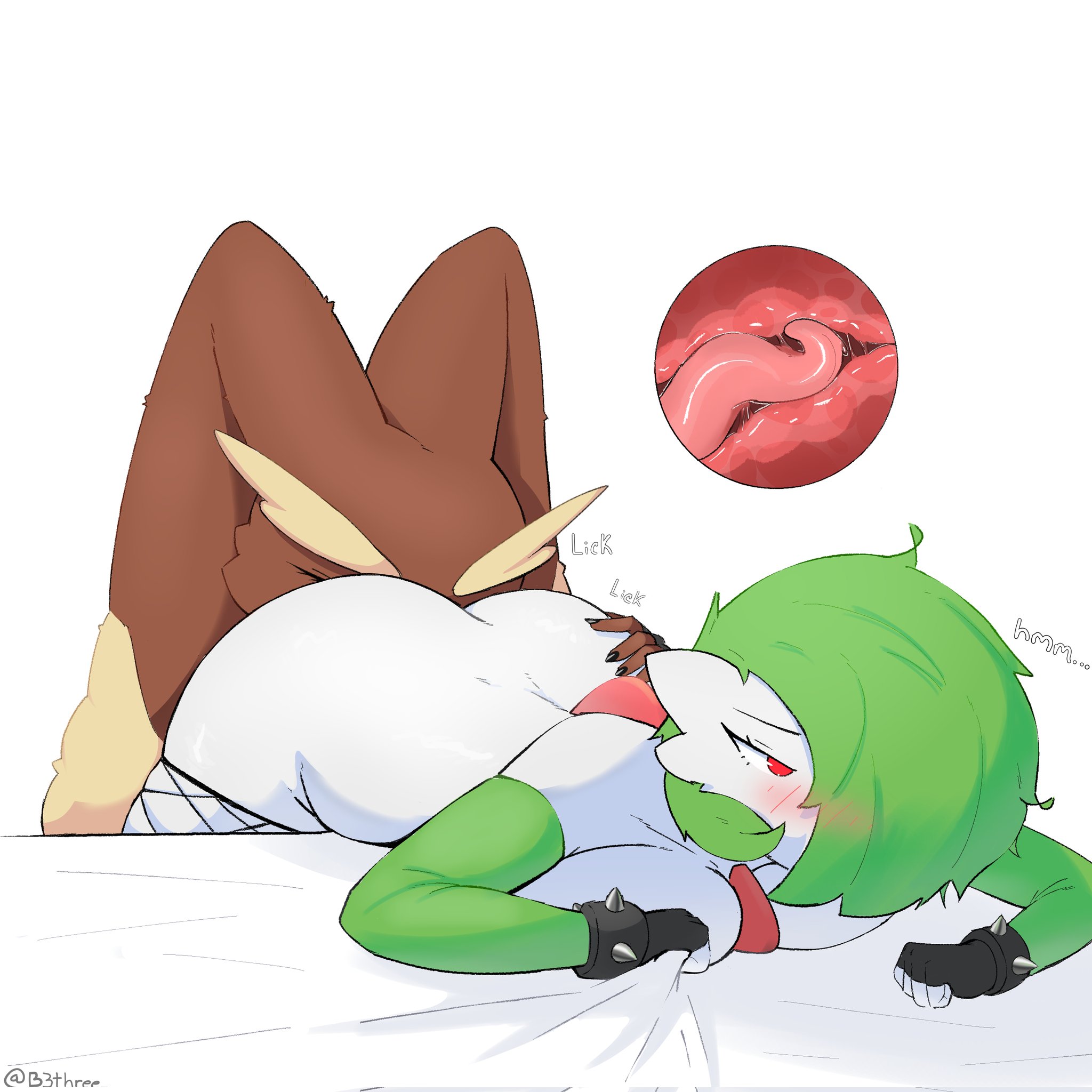 2girls, ass, b3three, big ass, big thighs, blush, curvaceous, curvaceous female, curvaceous figure, curvy, curvy figure, curvy hips, female, female only, furry, furry female, furry only, game freak, gardevoir, green hair, lesbian sex, licking pussy, lopunny, nintendo, pokemon, pokemon (species), pussy, sex, short hair, white skin, yuri