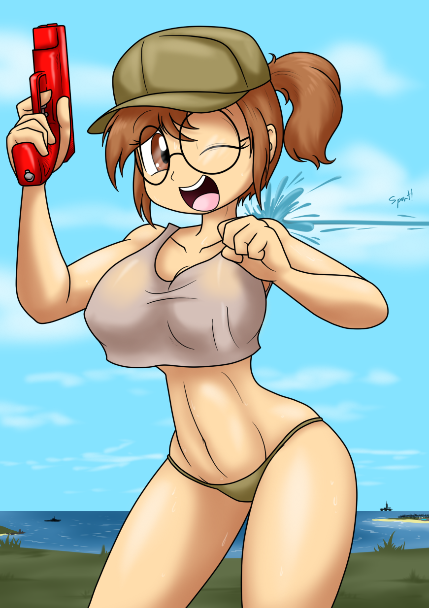 baseball_cap beach bikini_bottom brown_eyes brown_hair brunette_hair female fio_germi glasses kaostheory901 large_breasts metal_slug sandwich-anomaly see_through_clothing squirt_gun sunshine tshirt water wet_clothes wet_shirt