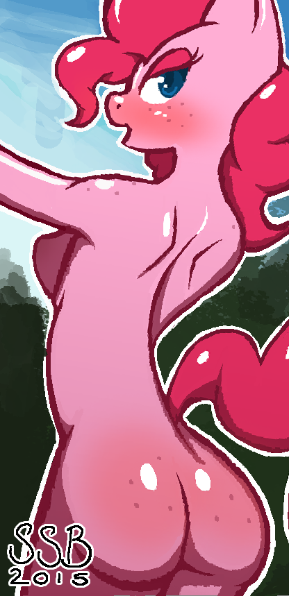 2015 anthro anthrofied areola ass bedroom_eyes blue_eyes blush breasts earth_pony equid equine female friendship_is_magic fur half-closed_eyes hasbro horse looking_at_viewer mammal my_little_pony narrowed_eyes nipples nude open_mouth outside pink_body pink_fur pink_hair pinkie_pie_(mlp) pony seductive smile solo starspangledbanger