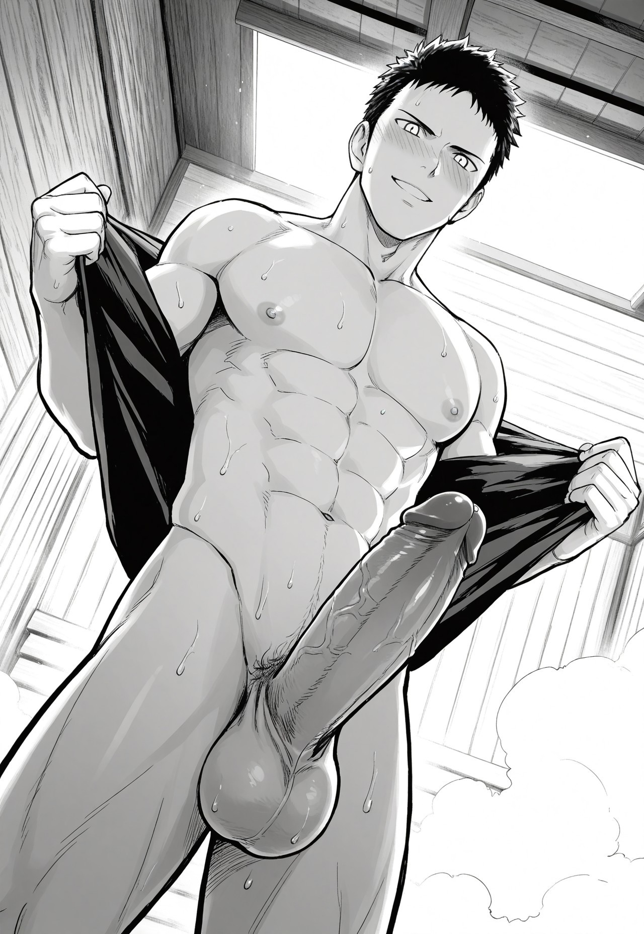 abs, ai generated, ass, balls, bara, biceps, big balls, big penis, gay, male, male only, muscular, one-punch man, pecs, penis, proud of his cock, showing off, solo, sweat, sweaty, teasing, thighs, yaoi, yoichisai, zombieman