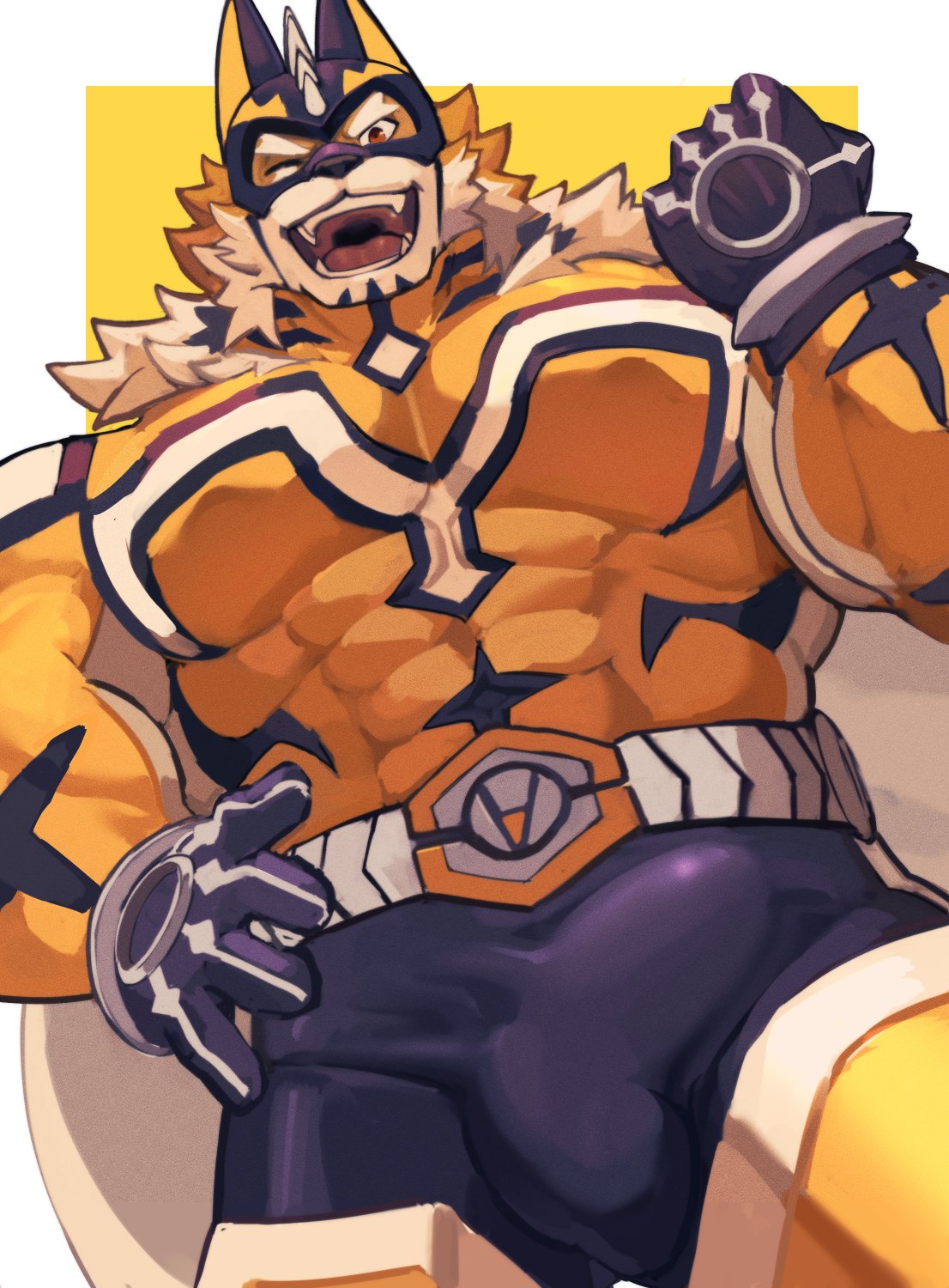 abs anthro bodysuit bulge cape clothing detailed_bulge felid genital_outline hi_res keidoro_kemono lifewonders live_a_hero male mammal mask muscular muscular_anthro muscular_male pantherine pecs penis_outline ryekie_(live_a_hero) skinsuit solo spandex superhero tiger tight_clothing