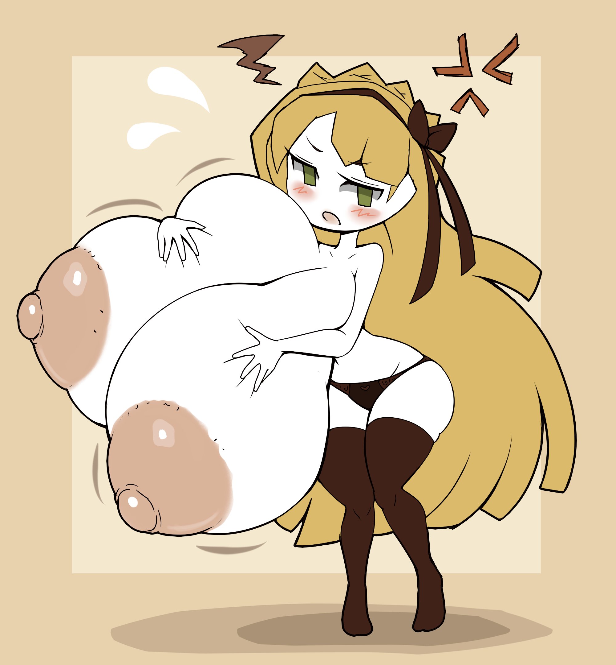 1girls, alternate breast size, angry, areolae, black thighhighs, blonde hair, blush, breasts, breasts bigger than head, crown braid, eyebrows visible through hair, female, female only, gigantic breasts, green eyes, hair ribbon, huge breasts, lobotomy corporation, long hair, looking at viewer, metachoke, nipples, no bra, open mouth, panties, project moon, shortstack, thick thighs, thighhighs, tiphereth (lobotomy corporation)