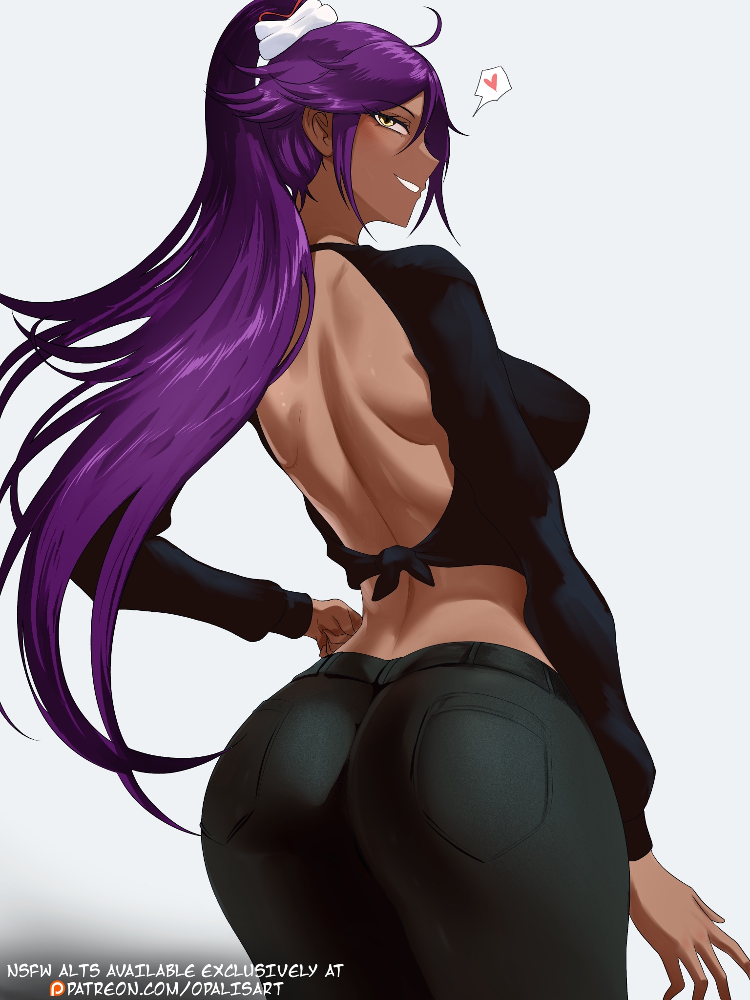 ass, back view, bare back, big ass, big breasts, bleach, blush, breasts, cat girl, catgirl, dark skin, dark-skinned female, female, leaning forward, leggings, long hair, long legs, looking at viewer, mature female, opalisart, purple hair, shihouin yoruichi, slim waist, socks, sportswear, tagme, wide hips, yellow eyes, yoga pants