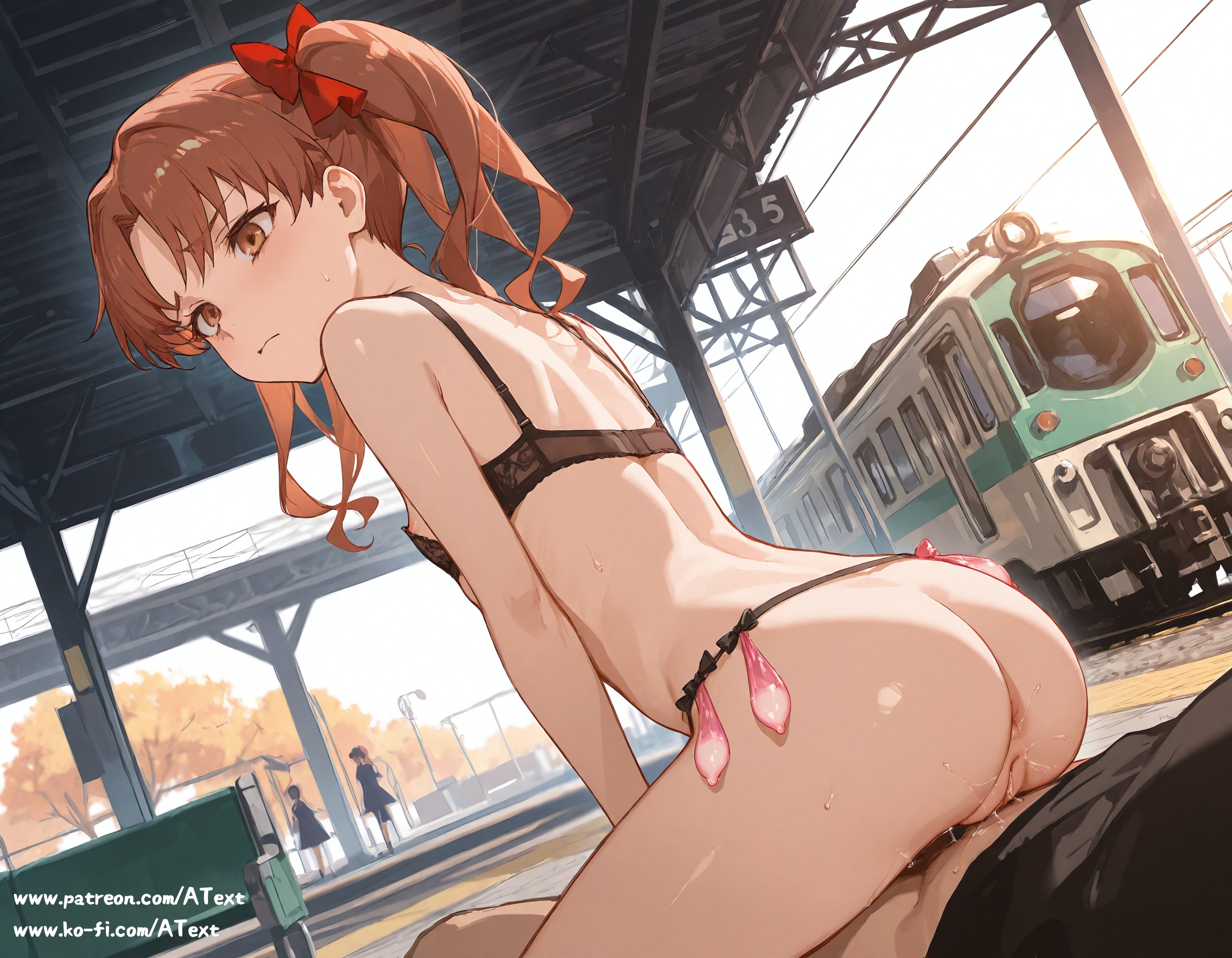 1boy, ai generated, anus, areola slip, beautfiul background, bow, bra visible through clothes, breasts, brown eyes, brown hair, butt crack, condom belt, female, flat chest, foggy, hairbow, long hair, male, oozing anus, parted bangs, pussy, pussy juice, red bow, reverse cowgirl sex position, ringlets, shirai kuroko, smile, stunning backgroud, toaru majutsu no index, train station, twintails, used condom