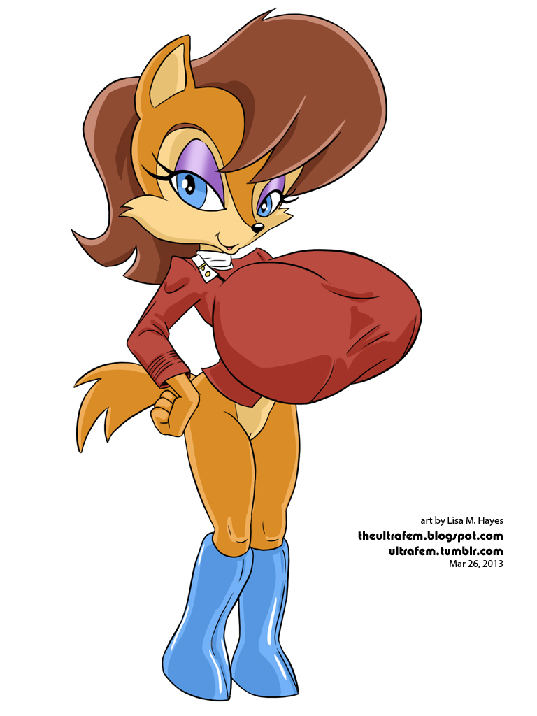 akimbo anthro big_breasts blue_eyes bottomless breasts brown_hair crossover female hair huge_breasts lisa_m._hayes looking_at_viewer mammal pussy rodent sally_acorn sega smile solo sonic_(series) squirrel star_trek ultrafem