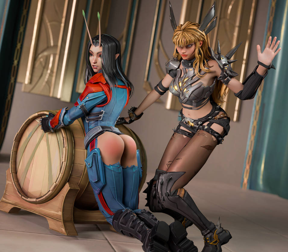 2girls 3d ass bent_over blender kinkblink magik_(marvel_rivals) mantis_(marvel) mantis_(marvel_rivals) marvel marvel_rivals naughty punishment slapping_butt spank spanked spanking video_games