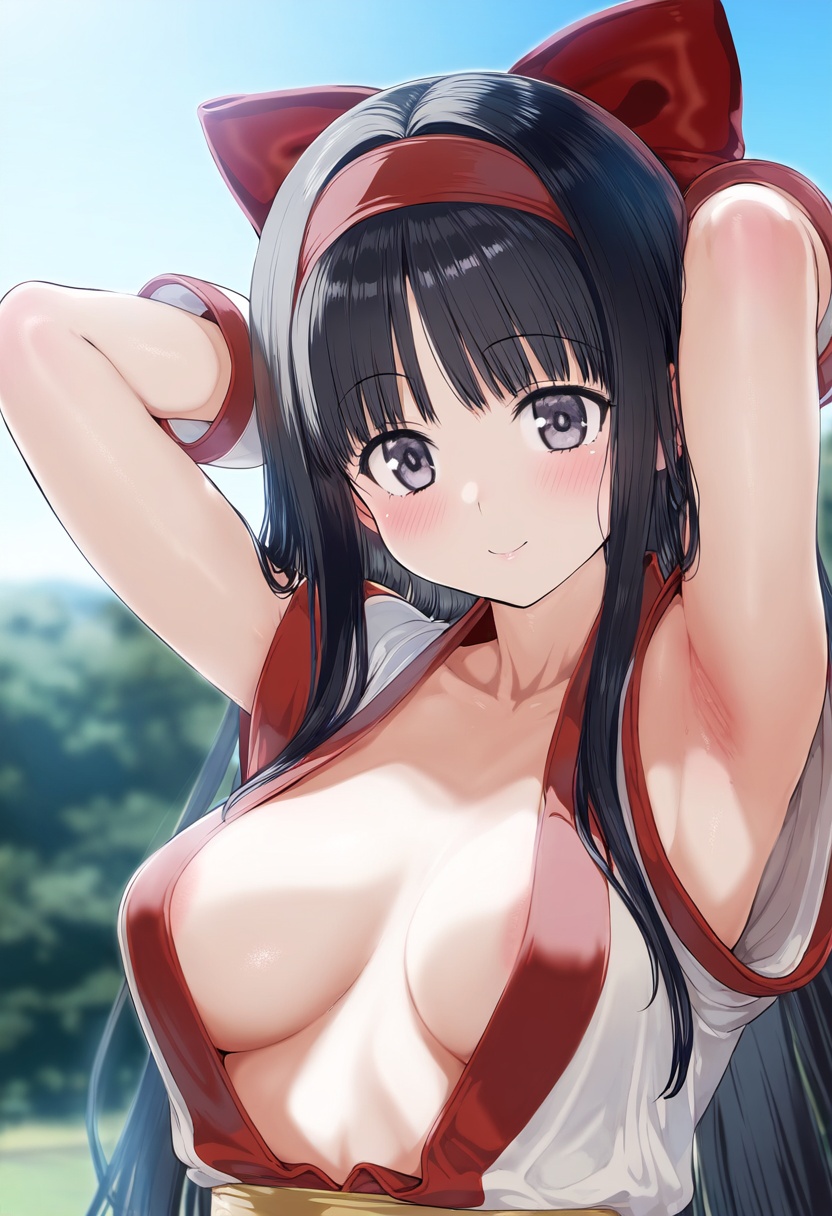 1girls ai_generated ainu_clothes areola_slip armpits arms_behind_head big_breasts black_hair blush breasts busty cleavage female female_only grey_eyes hair_ribbon king_of_fighters large_breasts long_hair looking_at_viewer nakoruru pose posing samurai_shodown sexy_armpits smile snk voluptuous