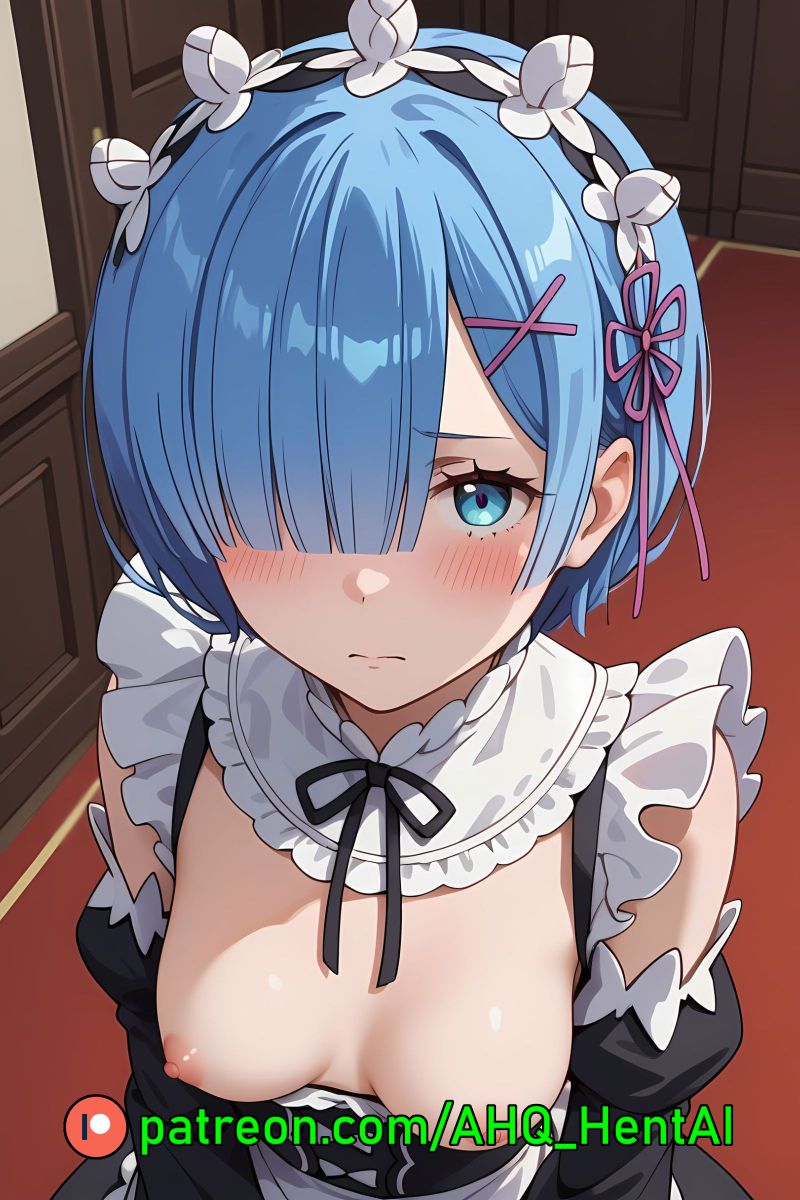 1girls ahq_hentai ai_generated blue_hair blush breasts exposed_breasts maid maid_uniform medium_breasts nipples patreon perfect_body re:zero_kara_hajimeru_isekai_seikatsu rem_(re:zero) shy stable_diffusion standing