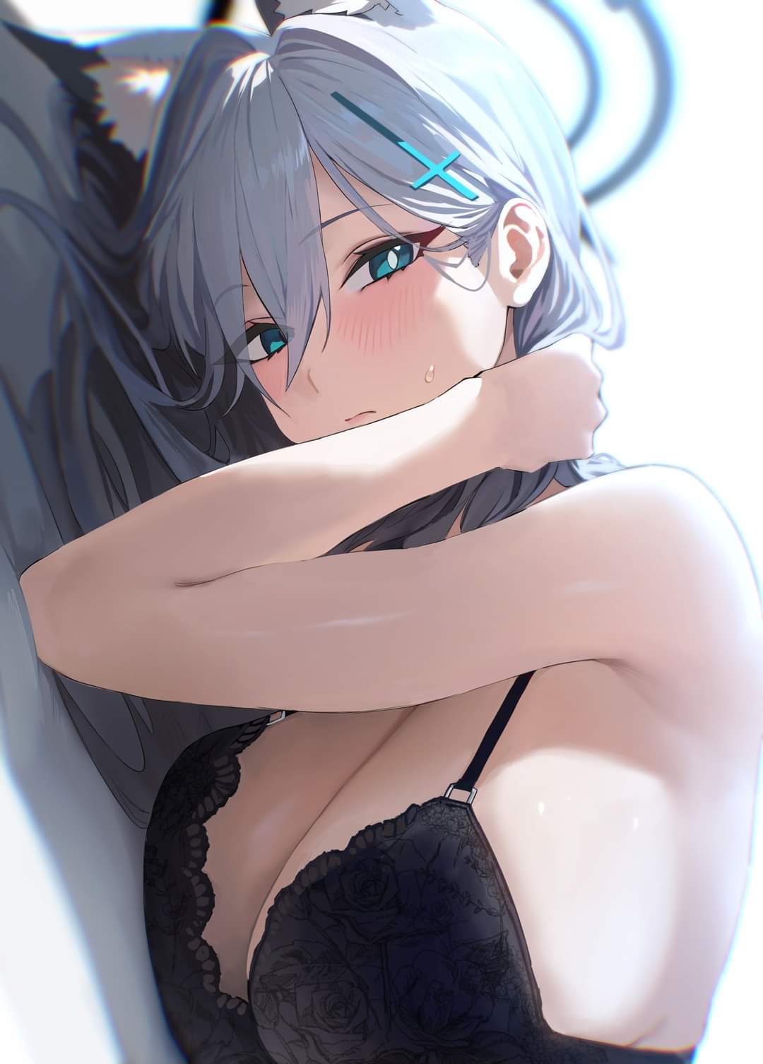 1girls, abydos high school student, animal ears, bed, big breasts, blue archive, blush, bra, breasts, female, female only, halo, kazane-wind, lace-trimmed bra, large breasts, lingerie, lying, shiroko (terror) (blue archive), shiroko terror (blue archive), solo, wolf girl