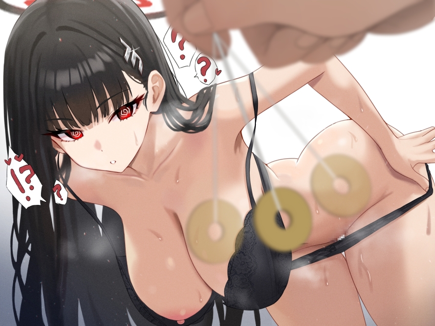 big_breasts black_bra black_panties blue_archive bra female hypnosis mijikayo panties panty_pull pulled_by_self rio_(blue_archive) tagme underwear undressing