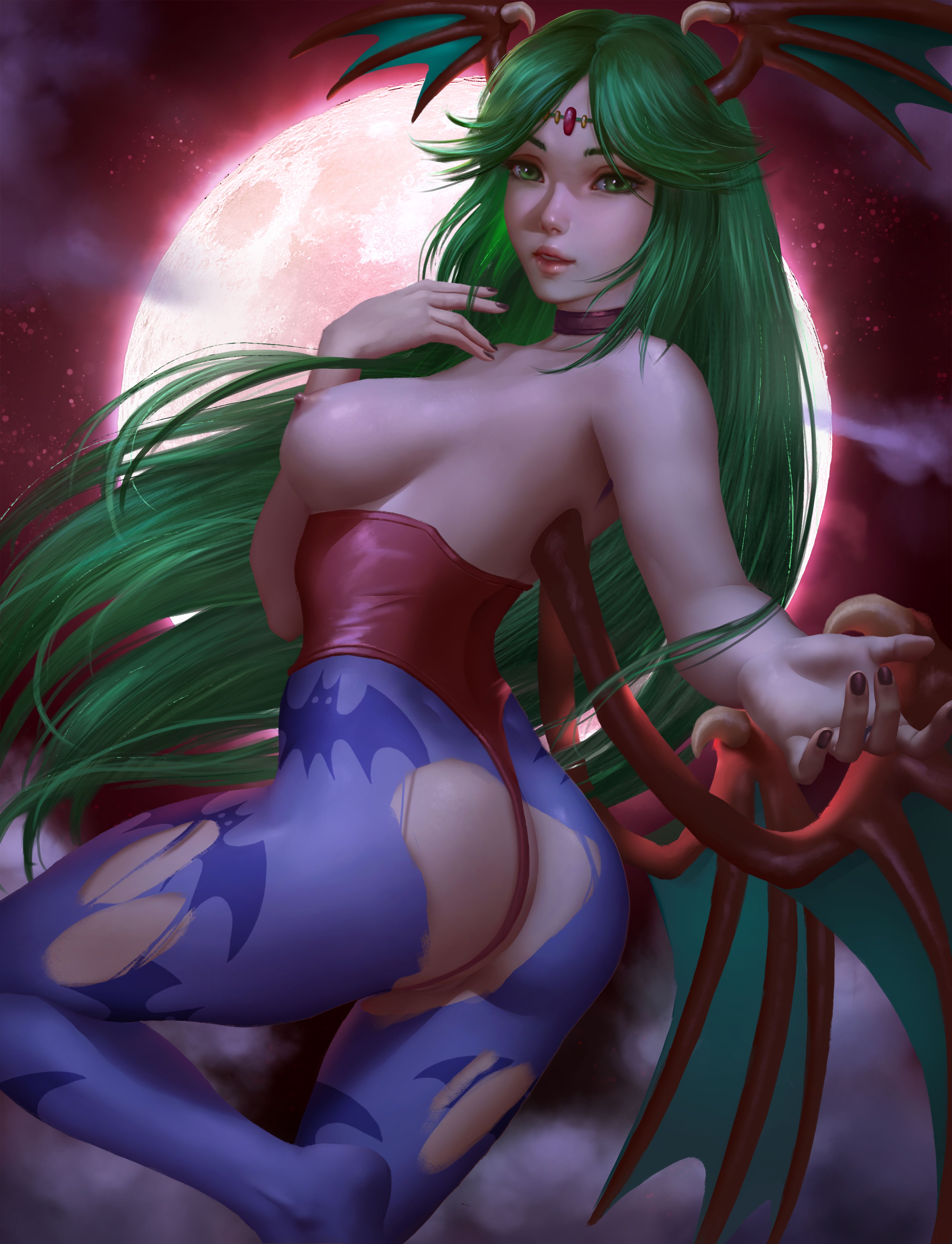 1girls, breasts, capcom, clothing, cosplay, darkstalkers, female, female only, green hair, head wings, kid icarus, lilith aensland (cosplay), logan cure, nintendo, palutena, partially clothed, pinup, small breasts, solo, torn clothes