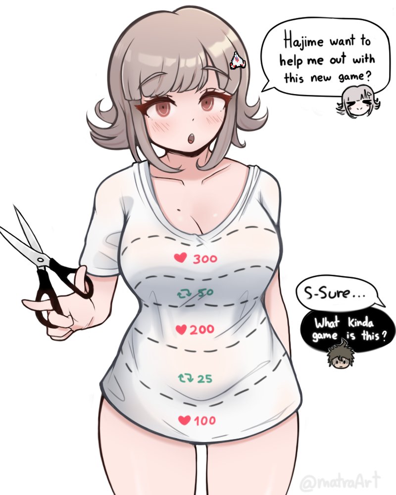 1girls brown_eyes danganronpa danganronpa_2:_goodbye_despair dialog dialogue female galaga grey_hair hairpin light-skinned_female light_skin matraart mole mole_on_breast nanami_chiaki open_mouth scissors shirt strip_game tagme white_shirt