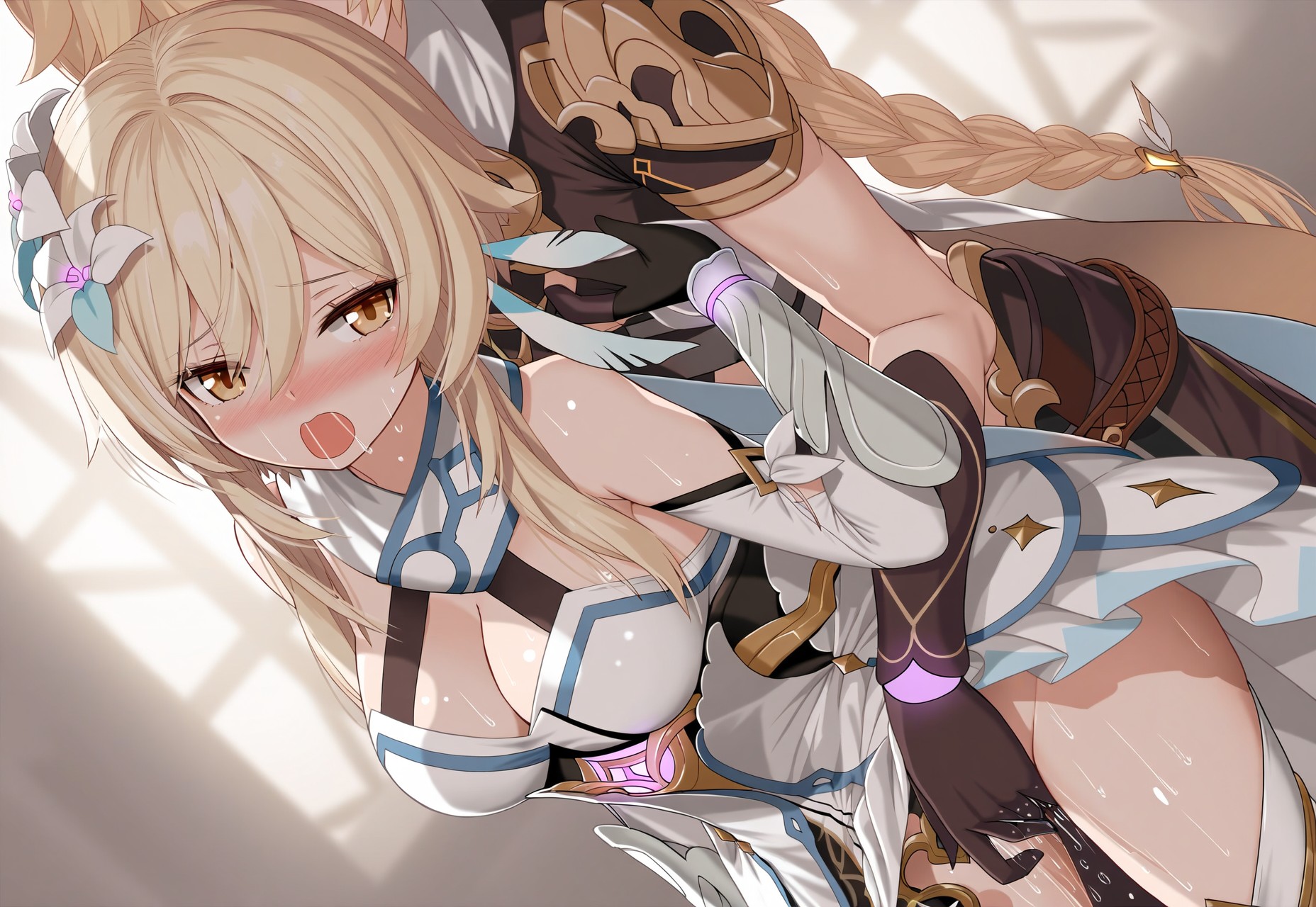 1boy, 1girls, aether (genshin impact), ai generated, blonde hair, blush, brother and sister, female, fingering, fingering partner, genshin impact, gold eyes, horny female, incest, lumine (genshin impact), male, mihoyo, pleasure face, pussy, pussy juice