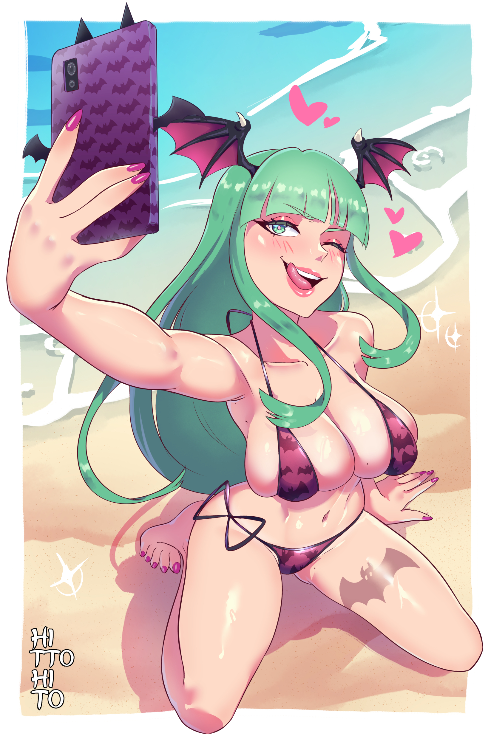 1girls, animal print, bat print, bat print bikini, beach, big breasts, bikini, breasts, cleavage, darkstalkers, female, female only, green eyes, green hair, head wings, hito clover, large breasts, long hair, morrigan aensland, nail polish, phone, pink nail polish, pink nails, pink toenail polish, pink toenails, selfie, smile, succubus, swimsuit, toenail polish, tongue, tongue out, water