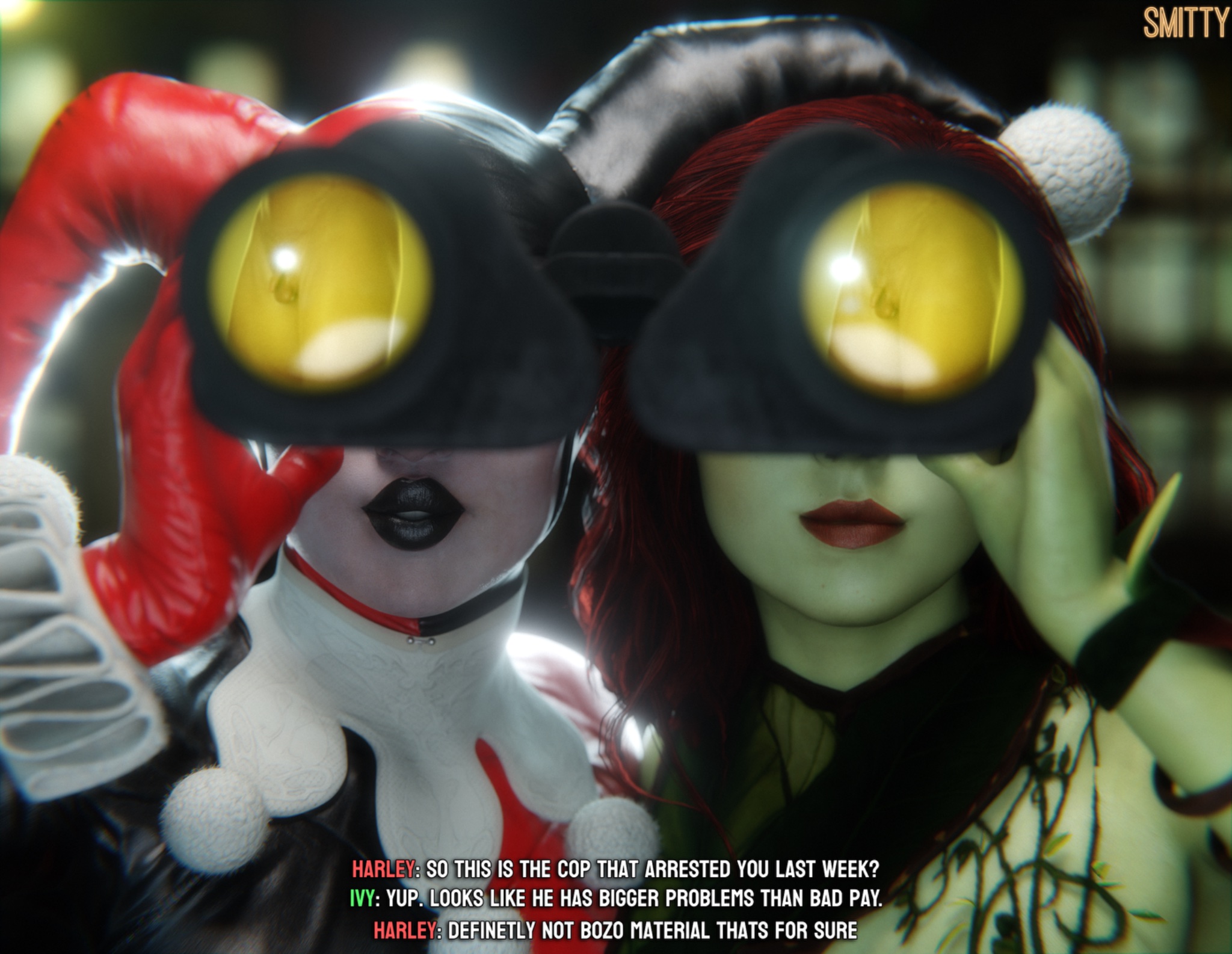 3d, batman (series), batman: arkham knight, binoculars, black lipstick, canon couple, clown, clown girl, commission, commissioner upload, dc, dc comics, dialogue, english text, female, green skin, harley quinn, harley quinn (classic), harley quinn (injustice), injustice 2, jester, jester cap, jester girl, jester hat, makeup, male, nude, nude male, pamela isley, penis, poison ivy, poison ivy (injustice), red hair, red lipstick, reflection, small penis, small penis humiliation, smitty34, sph, text, tiny penis, voyeur, white facepaint