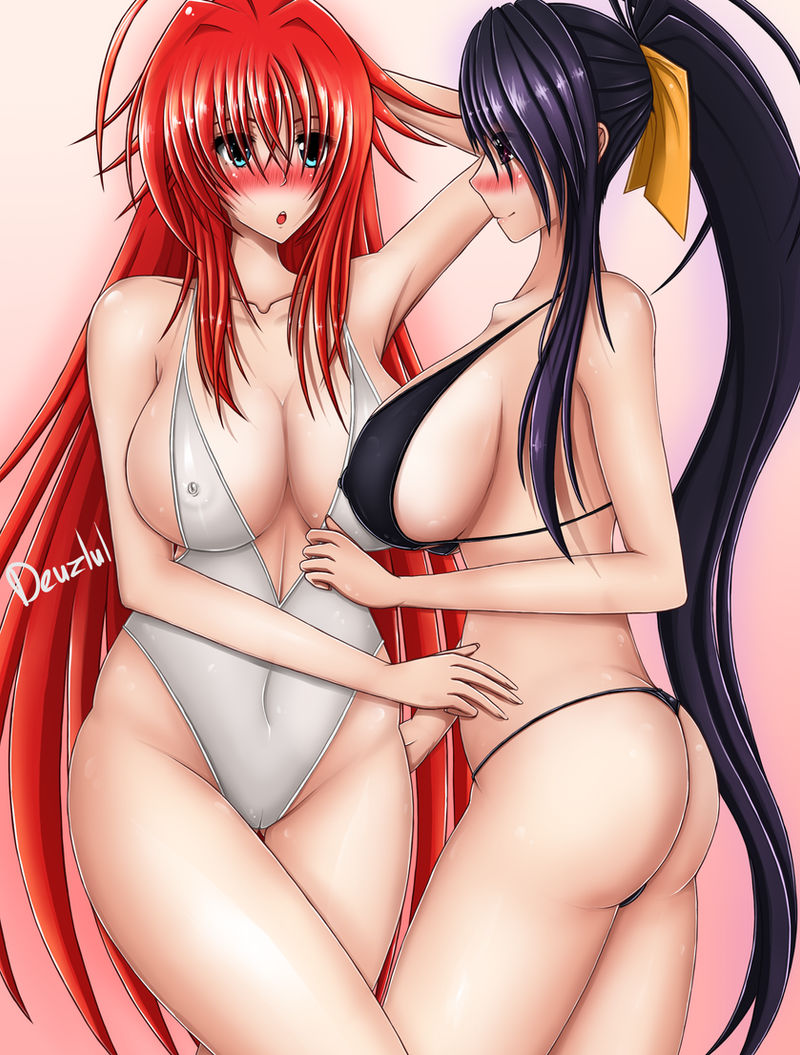 2girls ahoge akeno_himejima antenna_hair big_ass bikini black_hair blush couple crimson_hair deuzlul erect_nipples erect_nipples_under_bikini female_only grabbing_another's_ass hair_ribbon high_school_dxd large_breasts lesbian light_skin orange_ribbon ponytail rias_gremory sky_blue_eyes very_long_hair violet_eyes voluptuous yuri