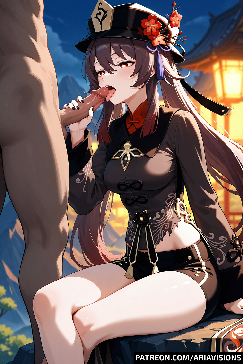 ai generated, ariavisions, brown eyes, brown hair, crossed legs, female, genshin impact, hu tao (genshin impact), licking penis, long hair, male, penis, sitting