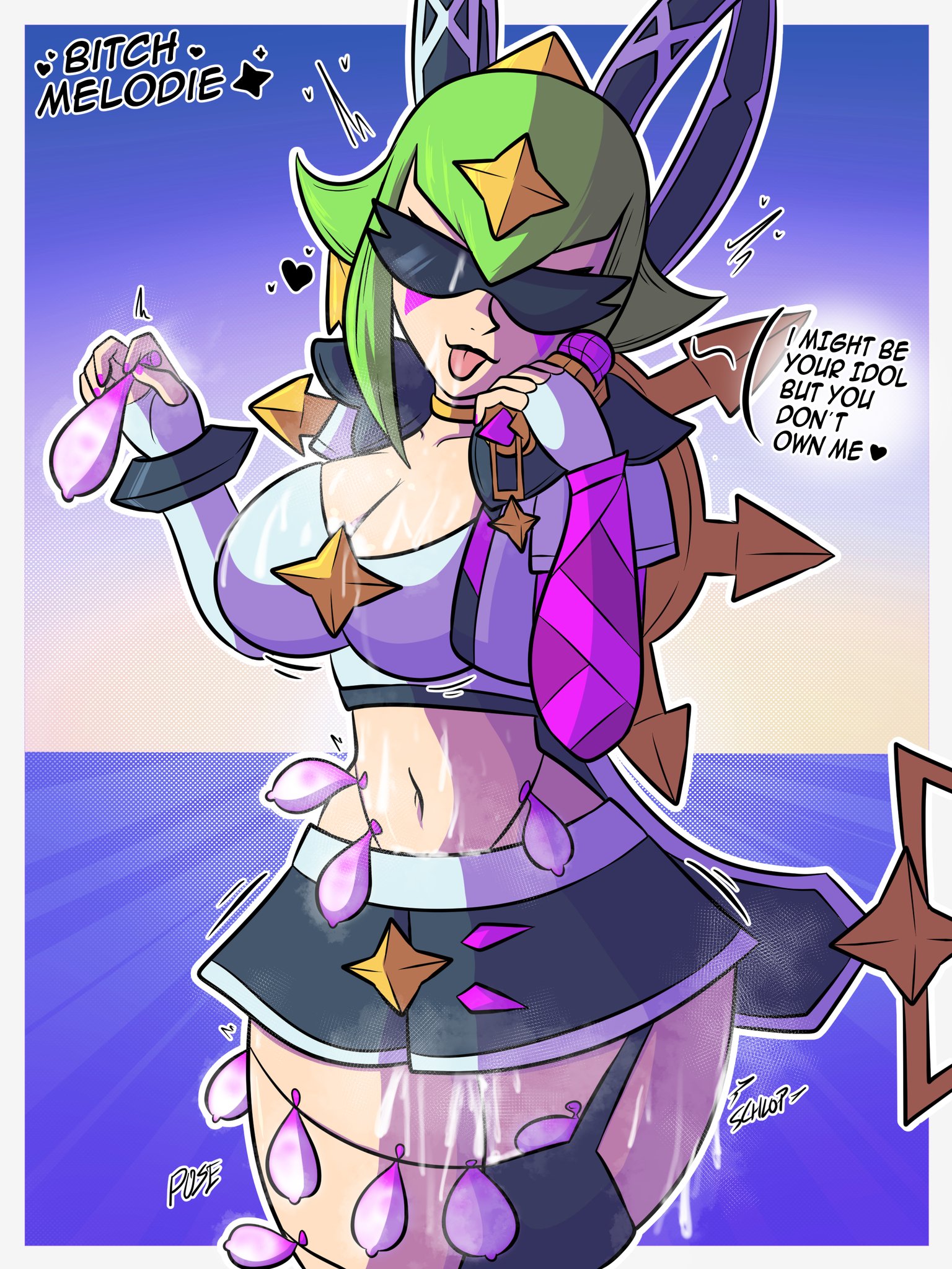 1girls, brawl stars, breasts, condom, cum, cum on body, cum on breasts, cum on face, female, female focus, female only, green hair, melodie (brawl stars), pop melodie (brawl stars), solo, solo female, solo focus, text, znixye