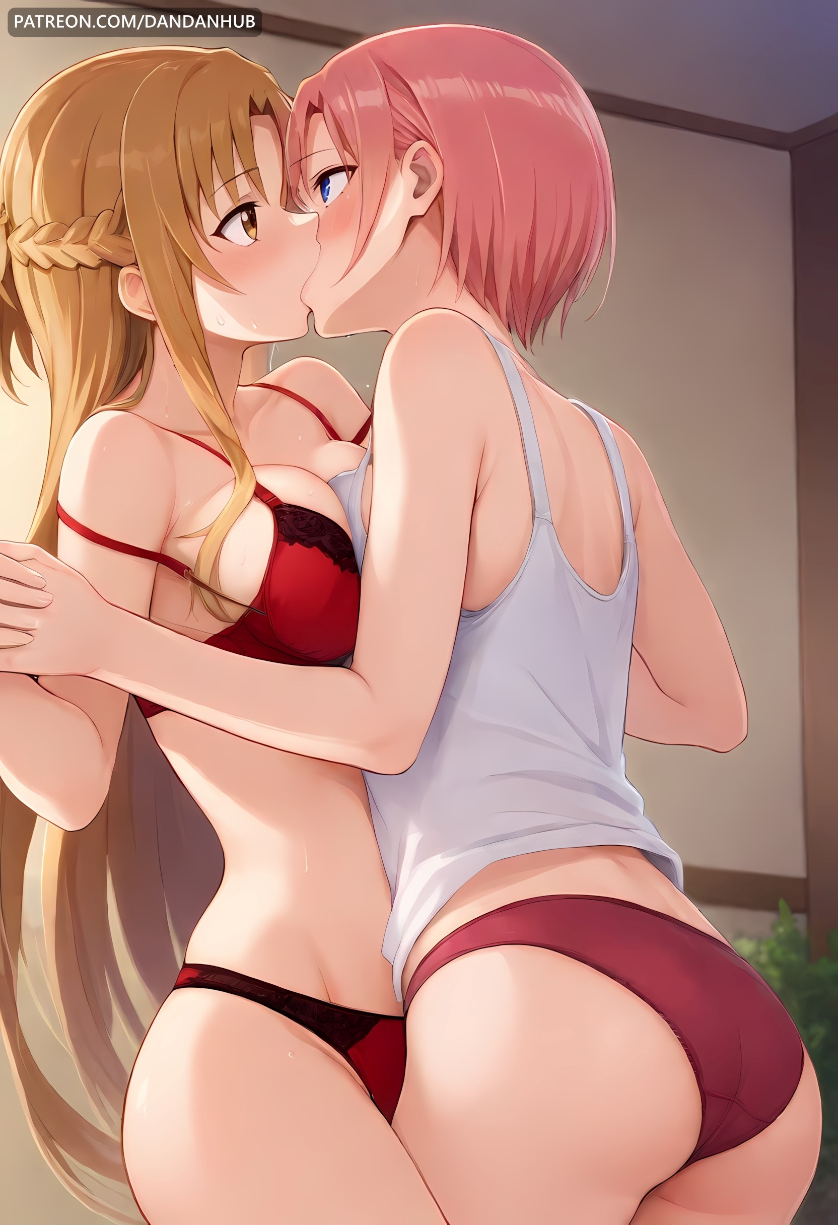 2girls, ai generated, ass, bangs, bare shoulders, blue eyes, blush, bra, bra strap slip, braid, breast press, breasts, brown eyes, brown hair, cleavage, collarbone, dandanhub, eye contact, female, female only, french braid, go-toubun no hanayome, holding hands, indoors, kissing, large breasts, lingerie, long hair, looking at another, medium breasts, multiple females, multiple girls, nakano ichika, panties, pink hair, red bra, red lingerie, red panties, short hair, strap slip, sweat, sword art online, tank top, underwear, underwear only, watermark, web address, white tank top, yuri, yuuki asuna
