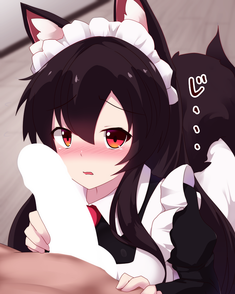 1boy alternate_costume animal_ear_fluff animal_ears apron black_dress blush brown_hair commentary_request dress embarrassed enmaided female imaizumi_kagerou long_hair looking_at_viewer maid maid_apron maid_headdress nose_blush oerba_yun_fang open_mouth penis penis_awe penis_on_face red_eyes sivamaron solo_focus straight tail touhou translation_request upper_body white_apron wolf_ears wolf_girl wolf_tail