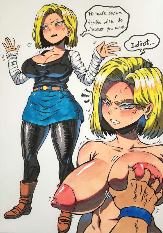 1girls android_18 breasts dragon_ball girin traditional_art