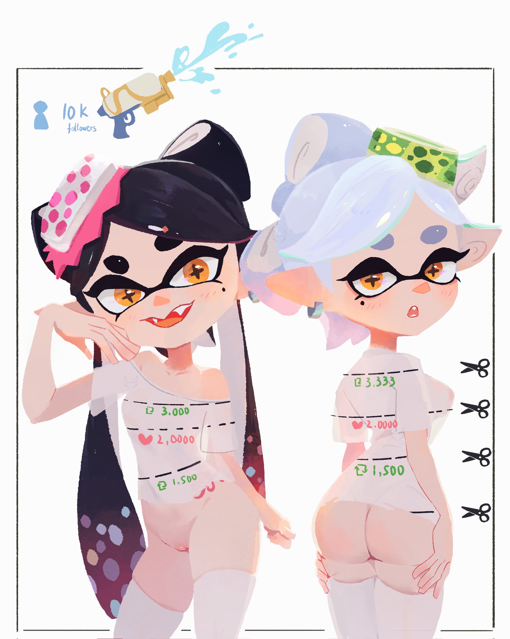 breasts, callie (splatoon), digital drawing (artwork), digital media (artwork), female, female focus, light skin, light-skinned female, marie (splatoon), nintendo, retweet challenge, splatoon, splatoon (series), squid sisters, strip game, tagme, twitter link, zhang tian57284