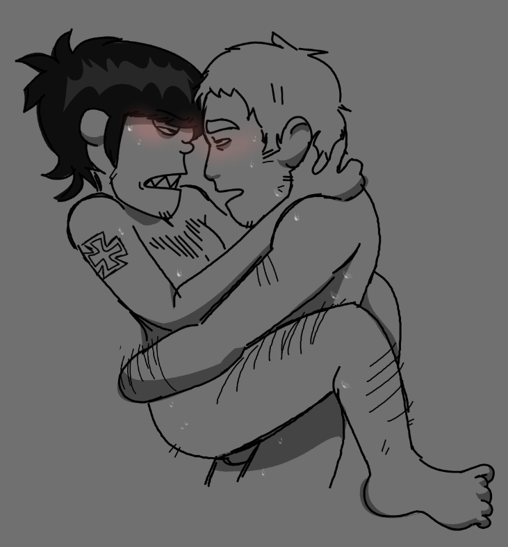 2boys bad_anatomy blush blushing body_hair celebrity chest_hair damon_albarn gay gay_anal gay_sex gorillaz k0piga male_only murdoc_niccals real_person sweat sweatdrop tattoo