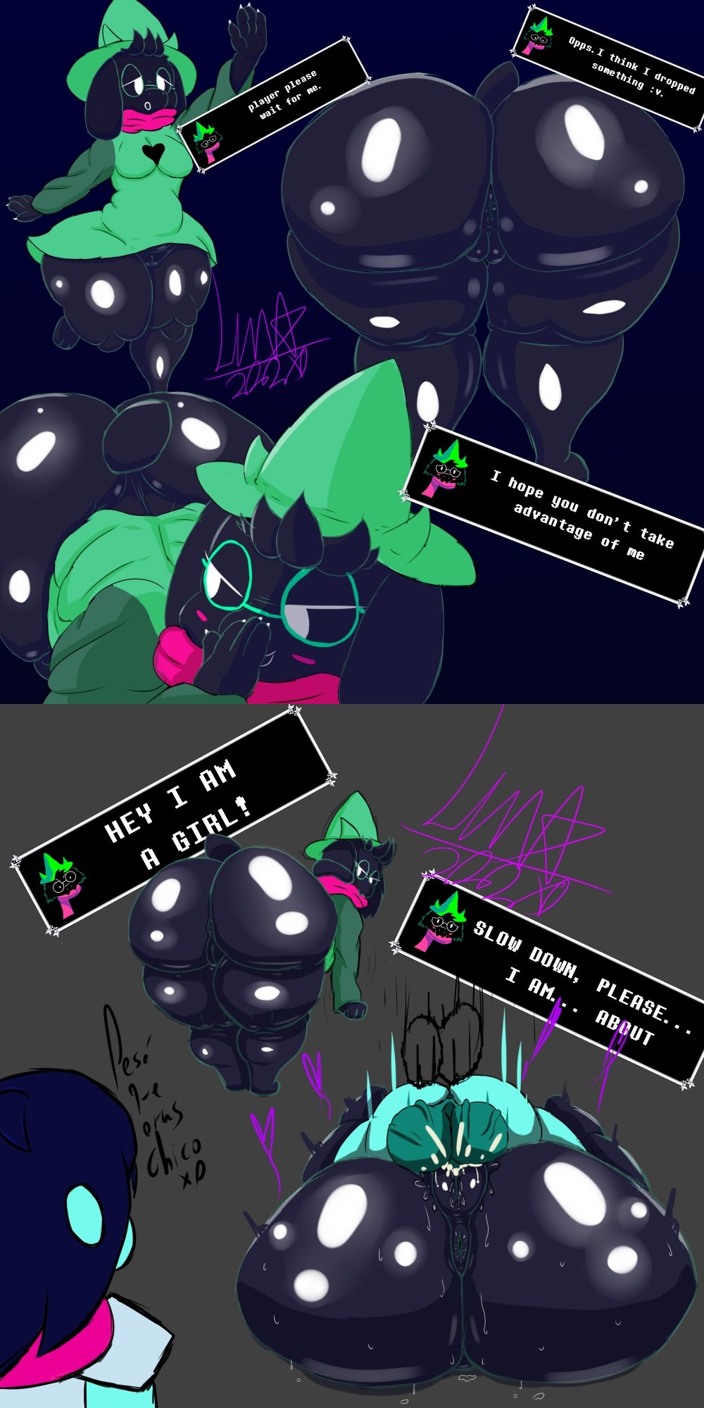 amazon position, asking for it, bending over, bigger female, bottomless, bottomless female, creampie, cum, cum in pussy, cum inside, deltarune, english dialogue, female, half naked, half-dressed, huge ass, huge butt, hyper ass, kris (deltarune), larger female, larger penetrated, lunaestrella117 (artist), male, mating press, pussy, ralsei, ralsei (female), rule 63, sex, small dom big sub, smaller male, tagme, teasing, temptation, thick ass, thick thighs, vagina, vaginal penetration