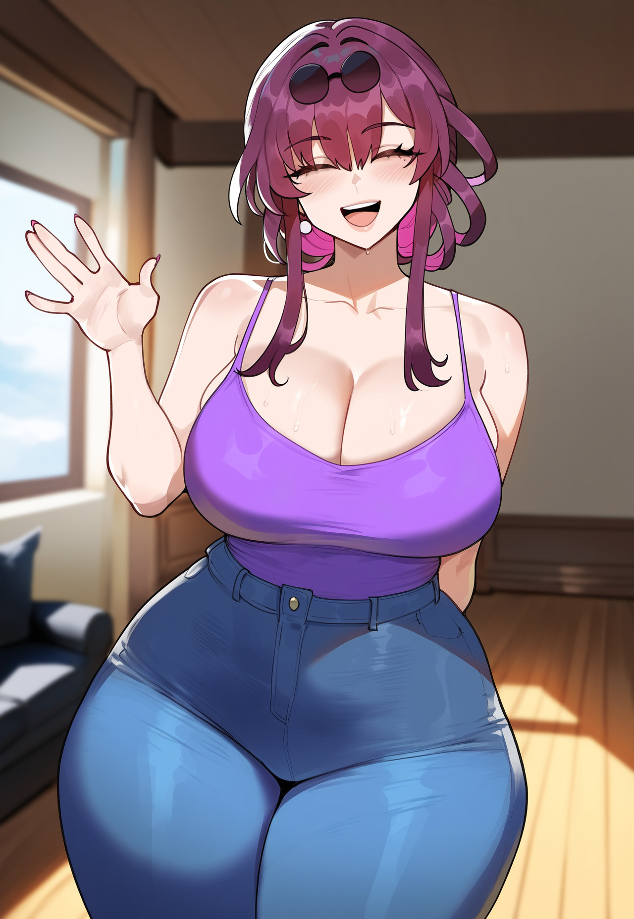 1girls, ai generated, big breasts, breasts, cleavage, creamy ai, curvy, female, hips, hips wider than shoulders, honkai: star rail, huge breasts, jeans, kafka (honkai: star rail), large breasts, light skin, light-skinned female, purple hair, skindentation, smile, solo, spaghetti strap, tank top, thick thighs, thighs, voluptuous, waving, wide hips